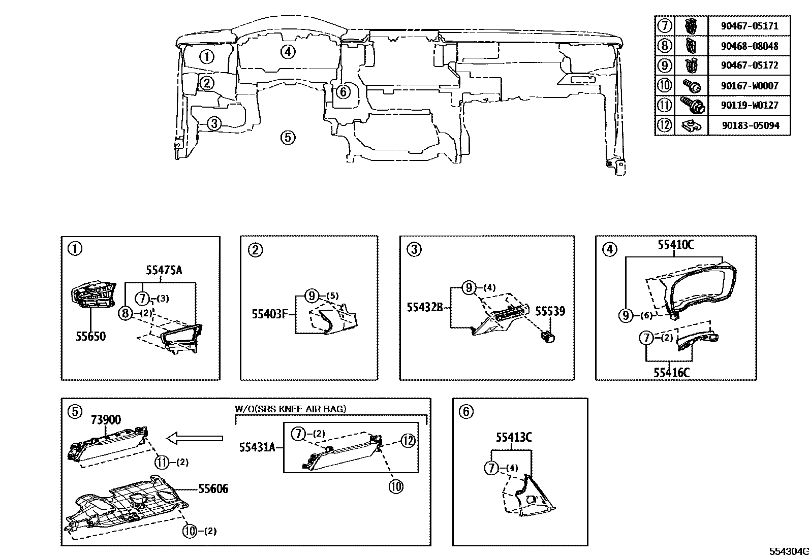 Toyota COROLLA 仪表板和手套箱 EPC diagram — 554304G