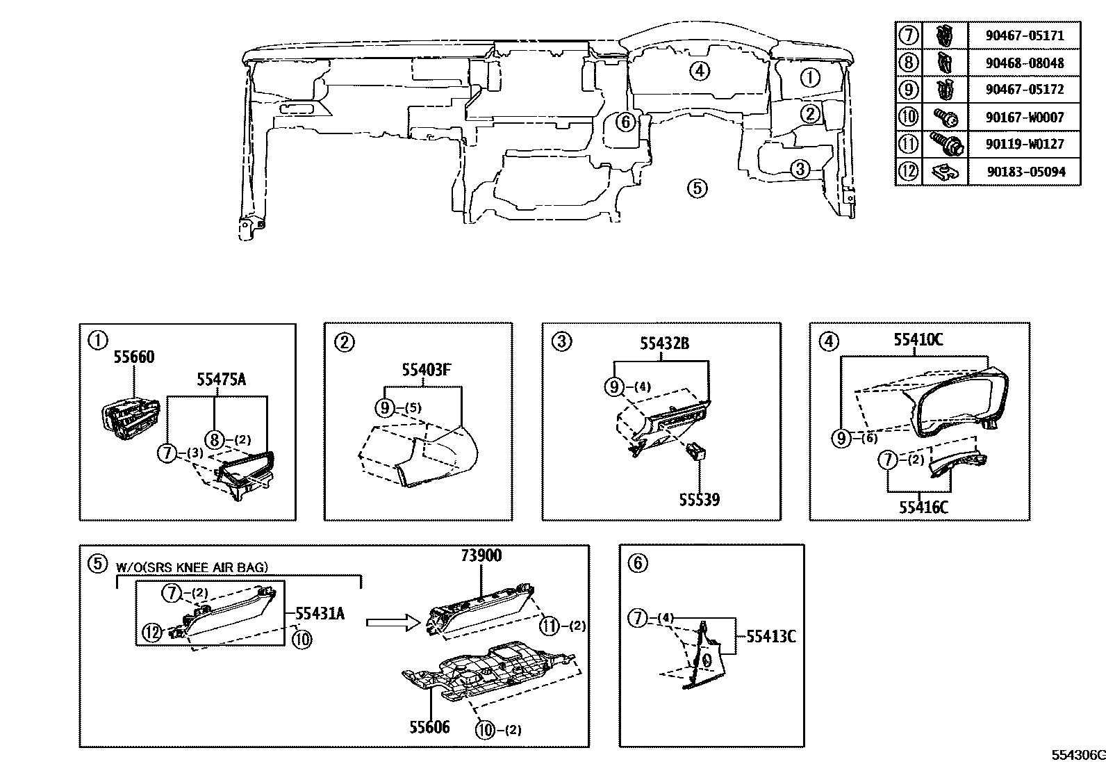 Toyota COROLLA 仪表板和手套箱 EPC diagram — 554306G