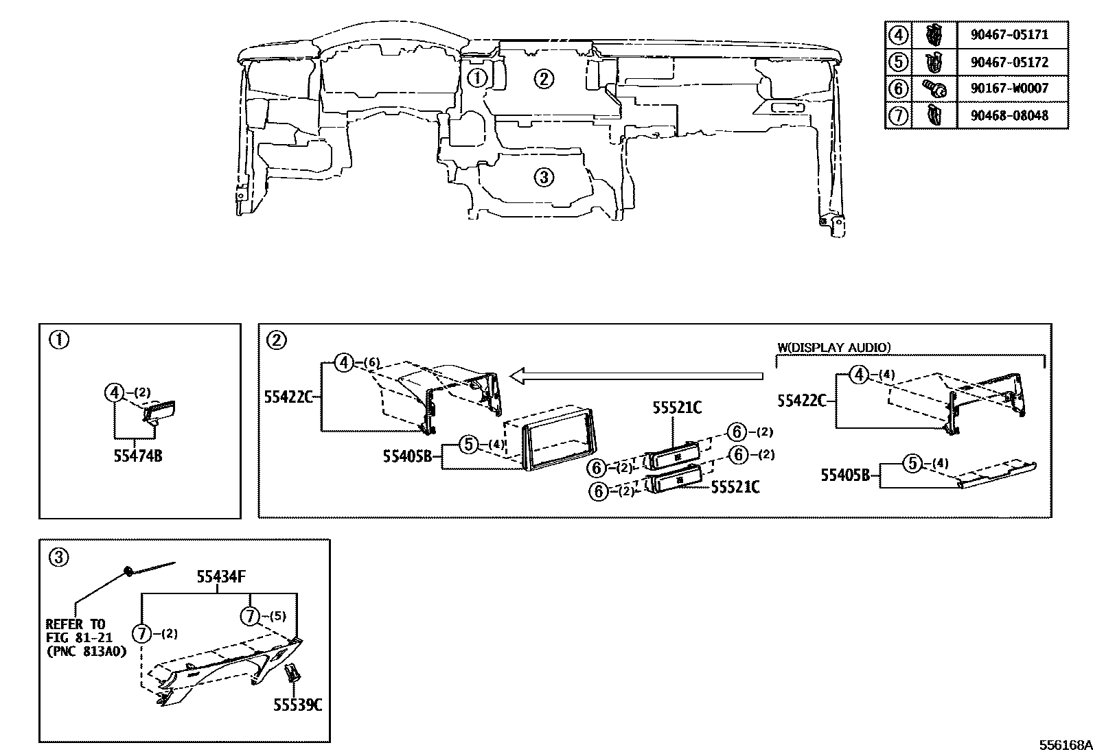 Toyota COROLLA 仪表板和手套箱 EPC diagram — 556168A