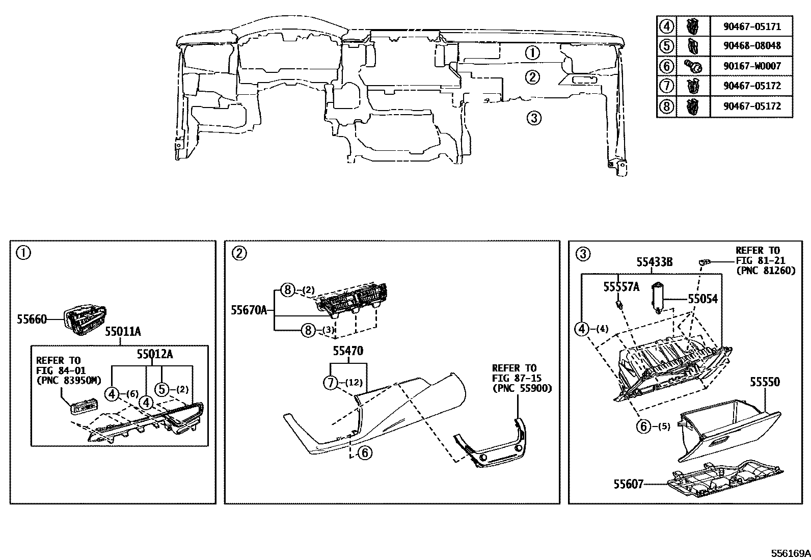 Toyota COROLLA 仪表板和手套箱 EPC diagram — 556169A