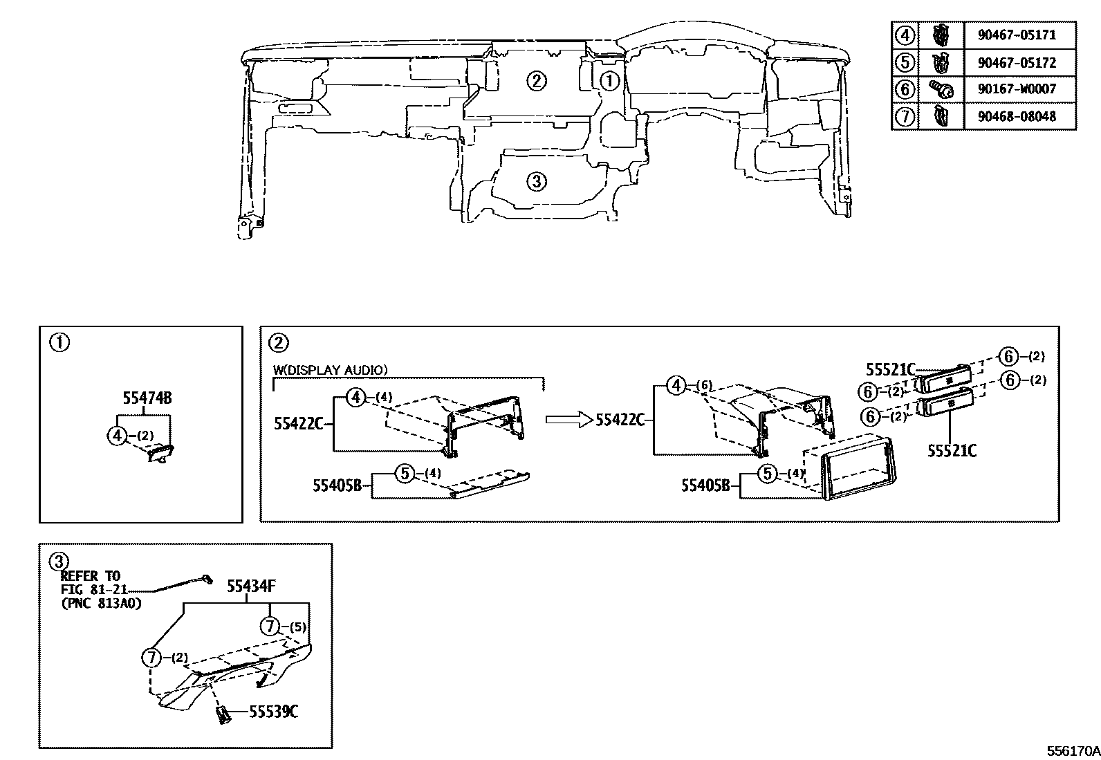 Toyota COROLLA 仪表板和手套箱 EPC diagram — 556170A