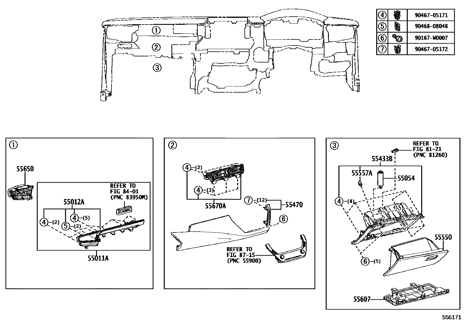 Toyota COROLLA 仪表板和手套箱 EPC diagram — 556171