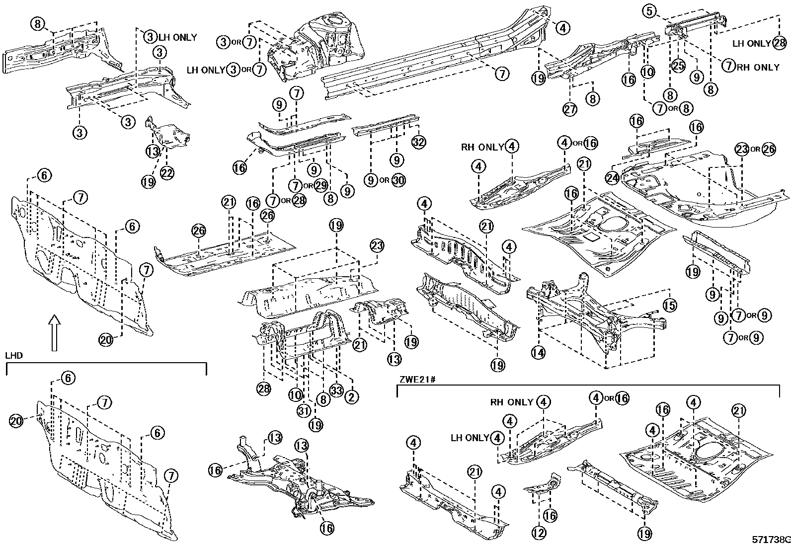 Toyota COROLLA hole plug EPC diagram — 571738G