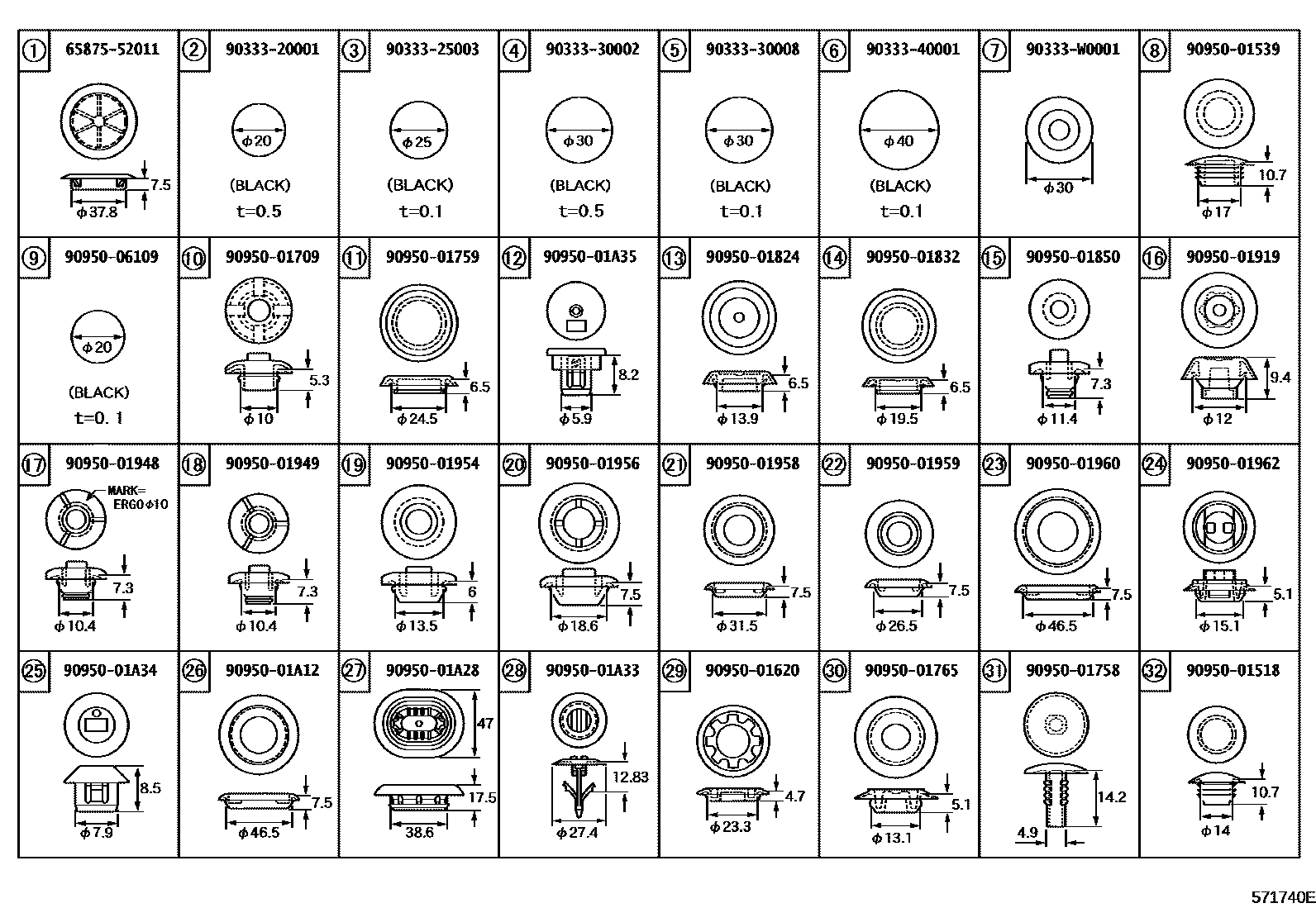 Toyota COROLLA hole plug EPC diagram — 571740E