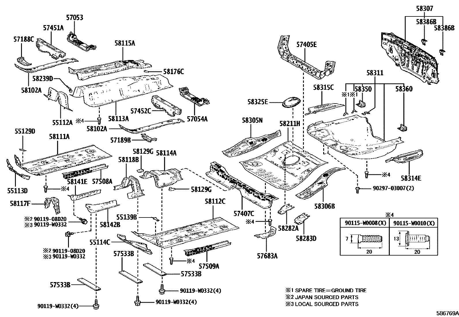 Toyota COROLLA 浅盘形地板和车身下背板 EPC diagram — 586769A