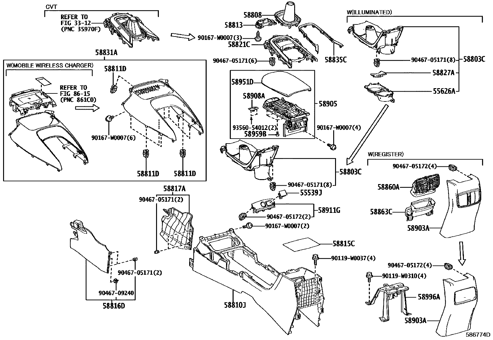 Toyota COROLLA 中央扶手箱和支架 EPC diagram — 586774D