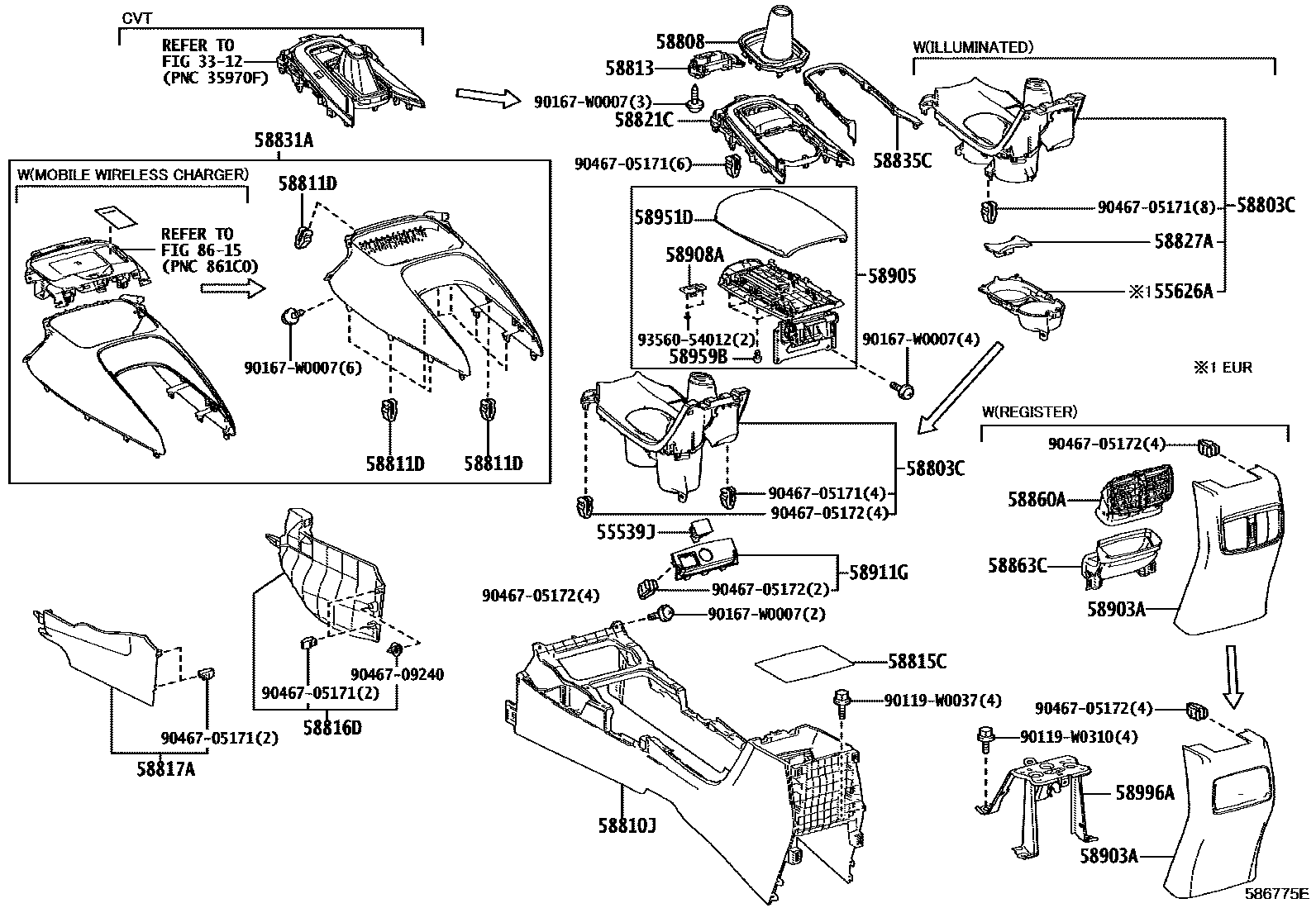 Toyota COROLLA 中央扶手箱和支架 EPC diagram — 586775E