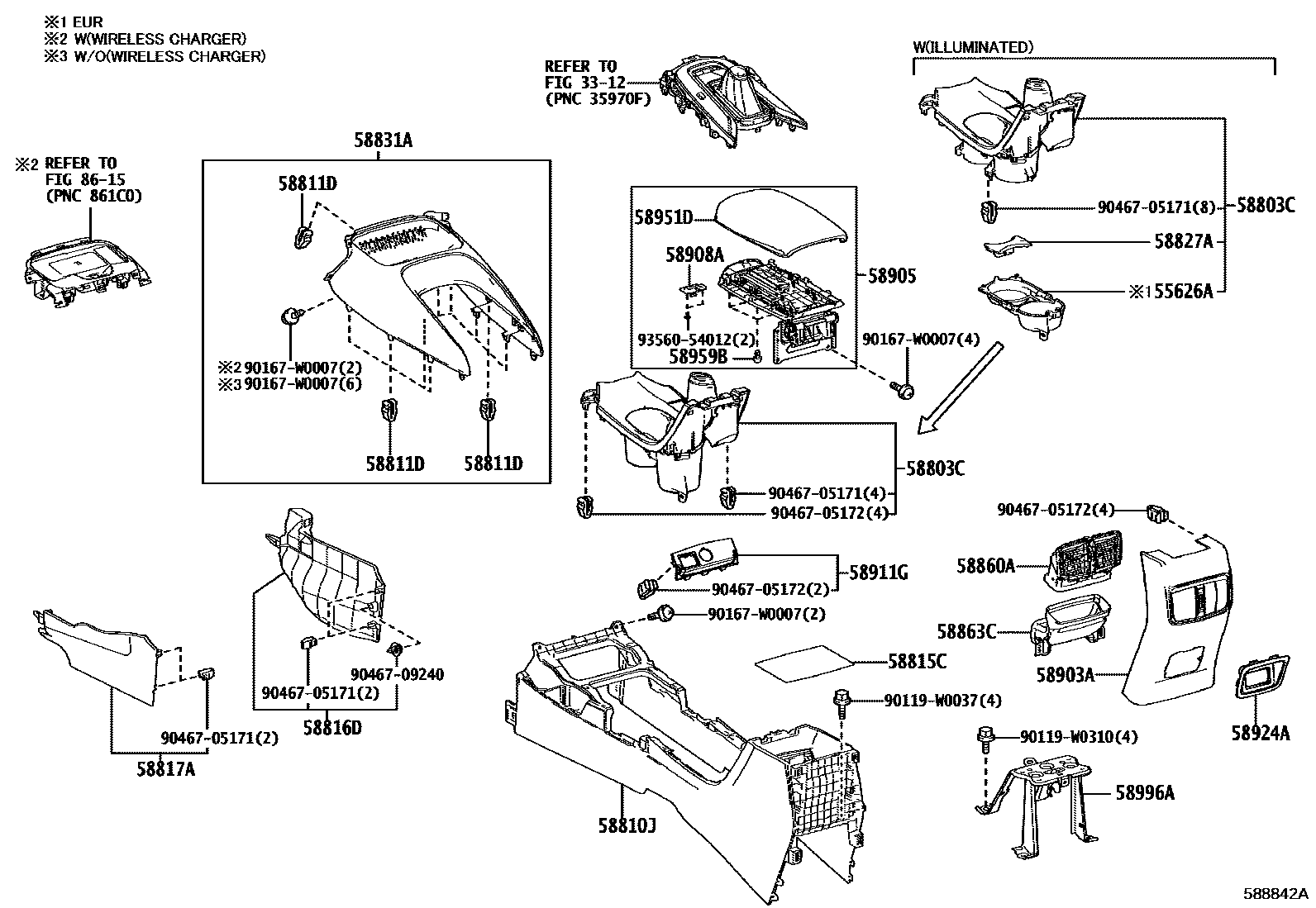 Toyota COROLLA 中央扶手箱和支架 EPC diagram — 588842A