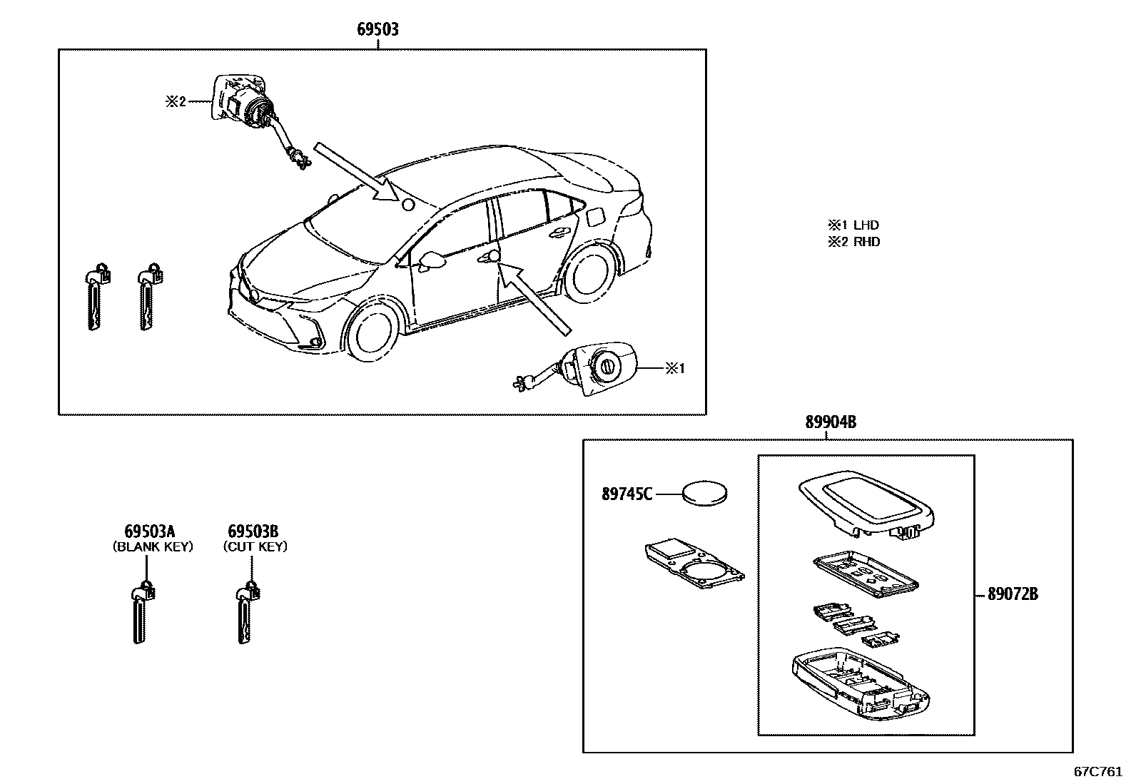 Toyota COROLLA 锁芯组件 EPC diagram — 67C761