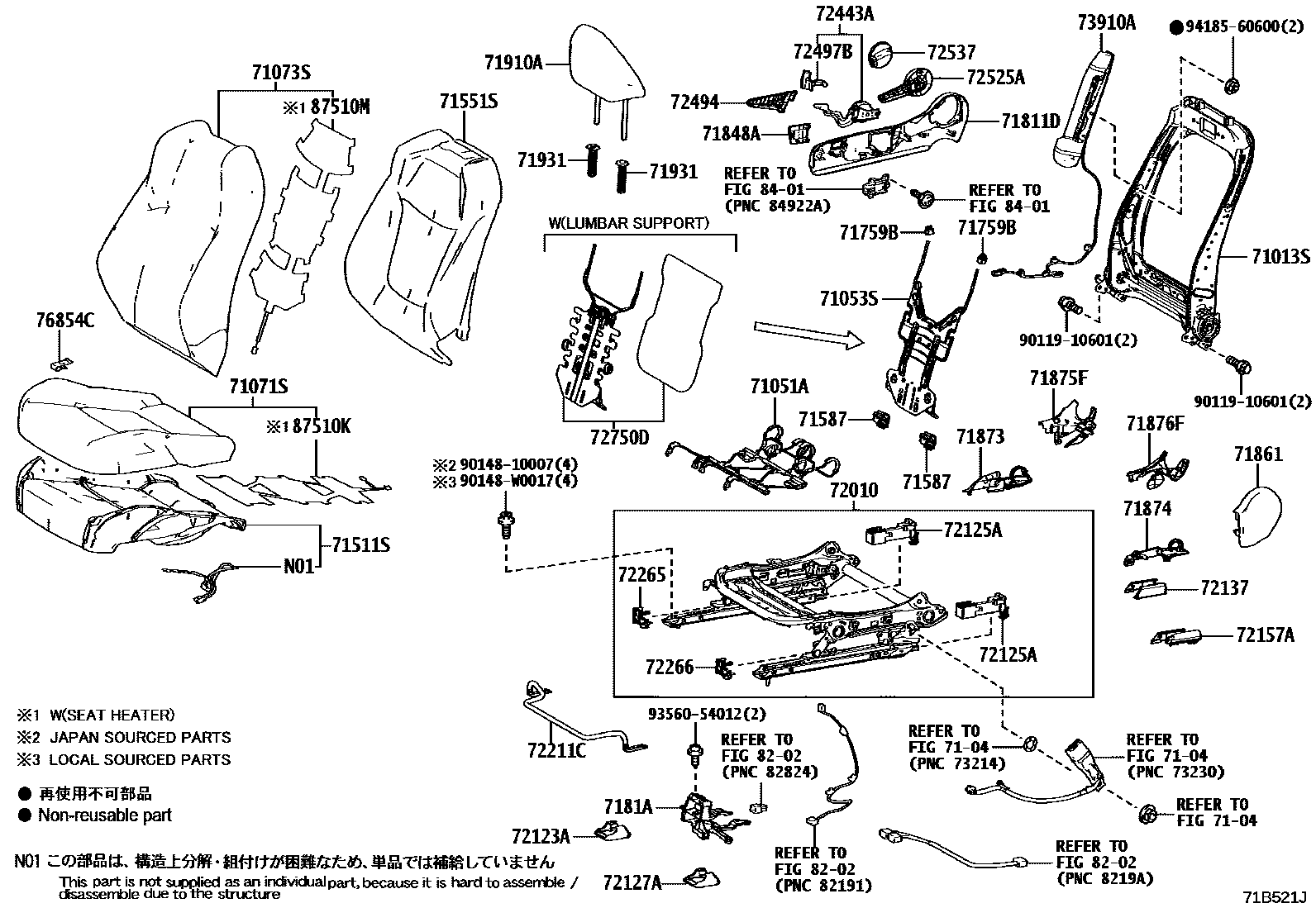 Toyota COROLLA 前排座椅和座椅滑轨 EPC diagram — 71B521J