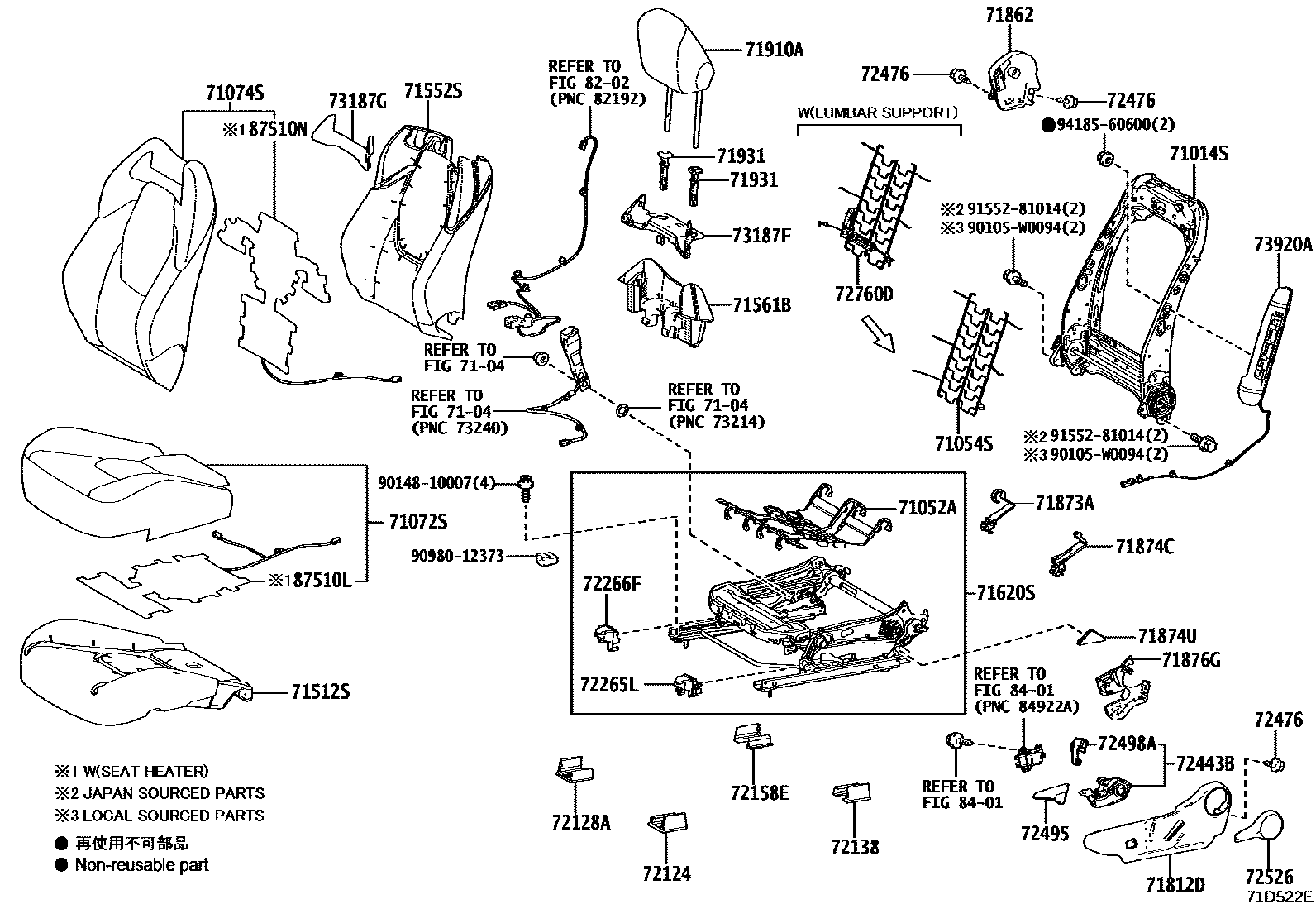 Toyota COROLLA 前排座椅和座椅滑轨 EPC diagram — 71D522E