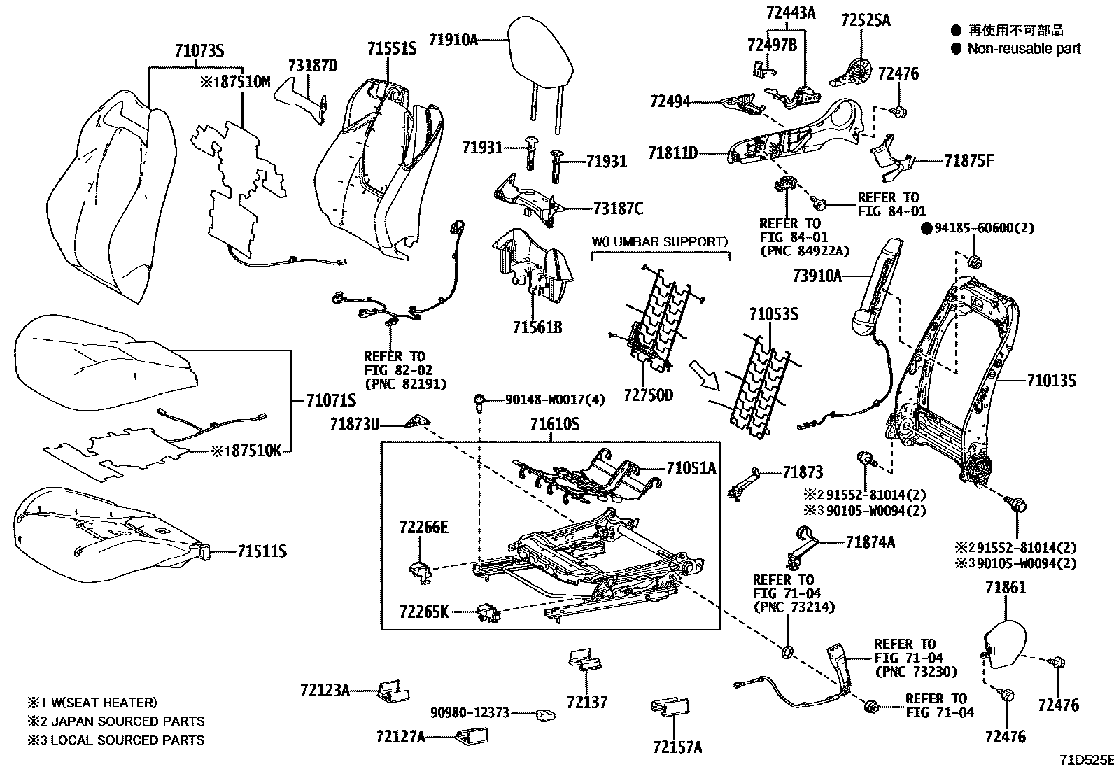Toyota COROLLA 前排座椅和座椅滑轨 EPC diagram — 71D525E