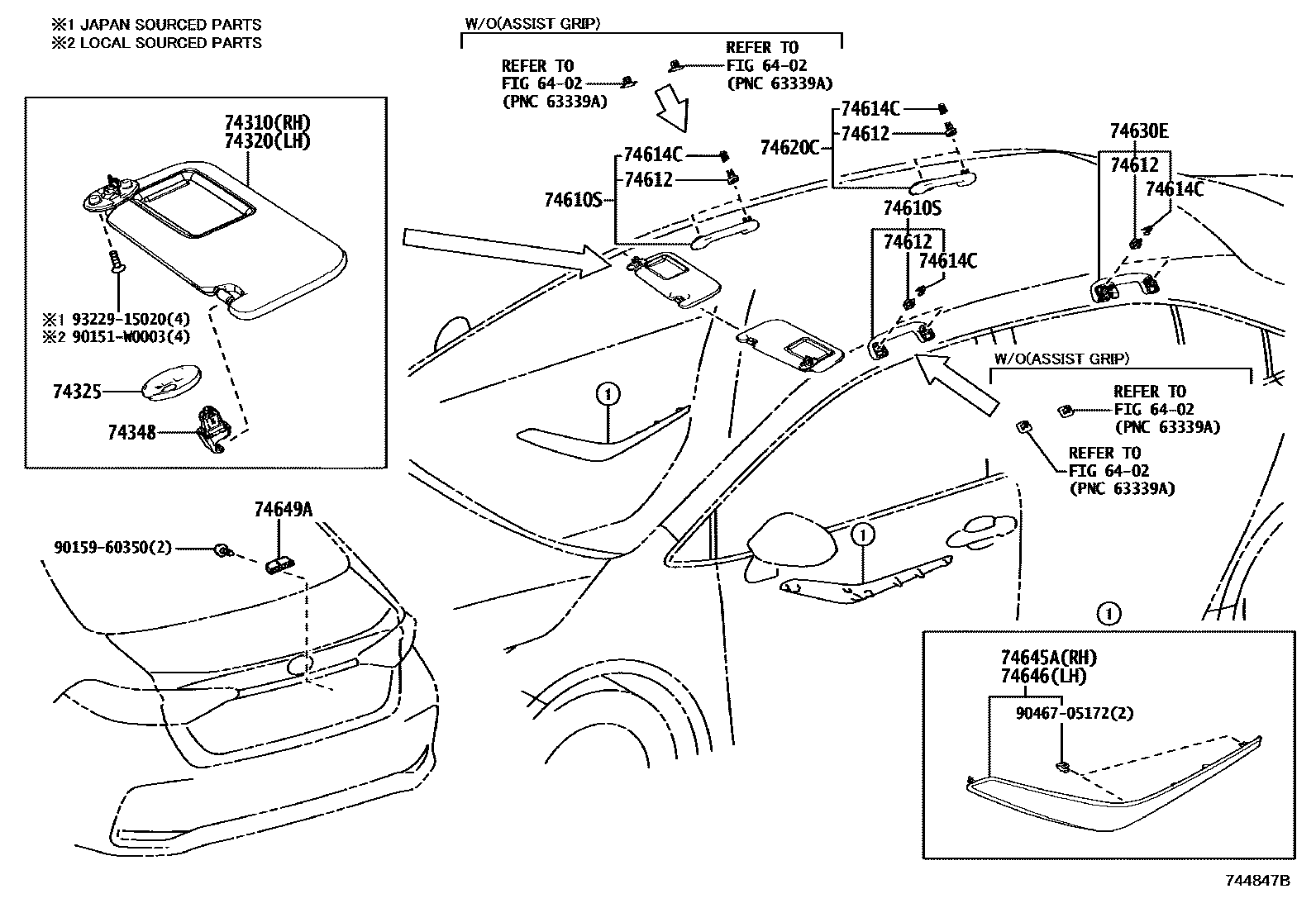 Toyota COROLLA 扶手和遮阳板 EPC diagram — 744847B