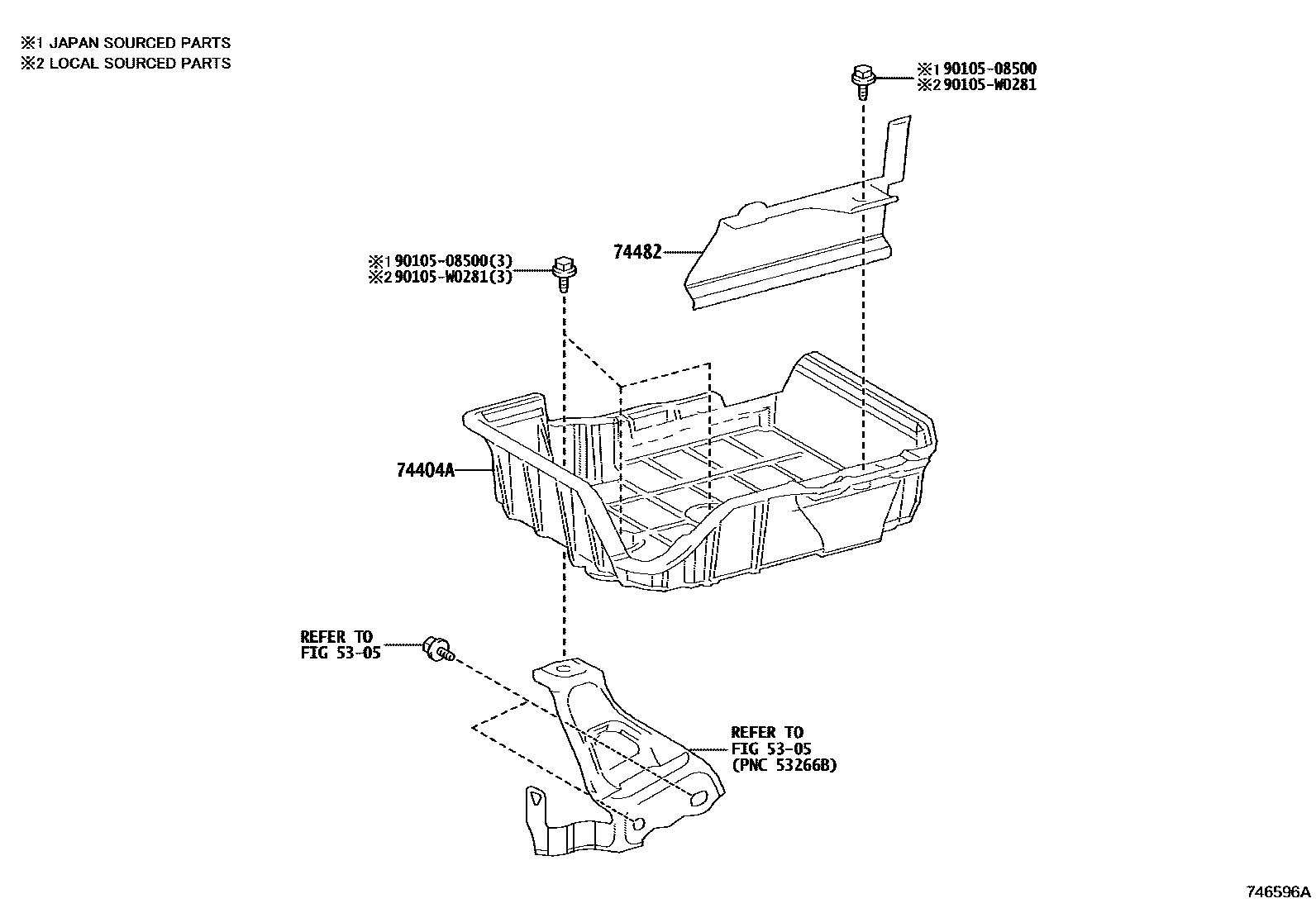 Toyota COROLLA battery holder EPC diagram — 746596A