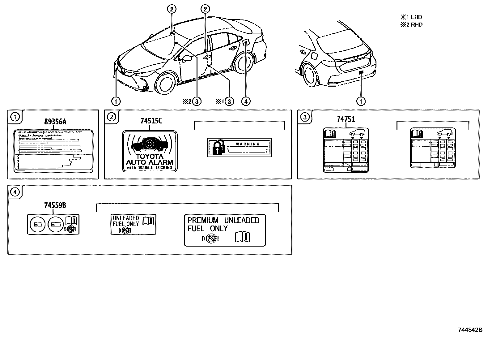 Toyota COROLLA 警示铭牌(车外和车内) EPC diagram — 744842B