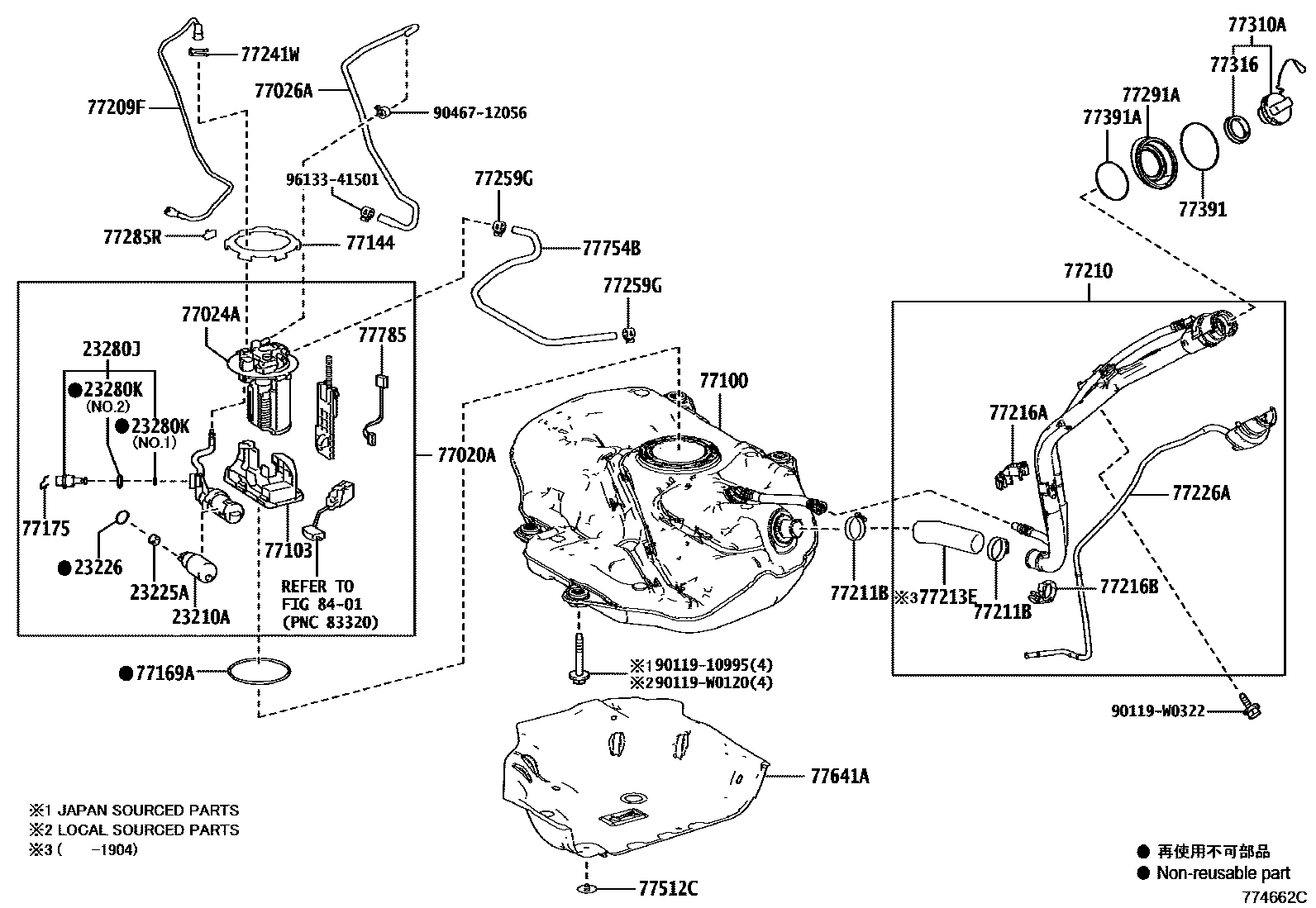 Toyota COROLLA 燃油箱和燃油管 EPC diagram — 774662C