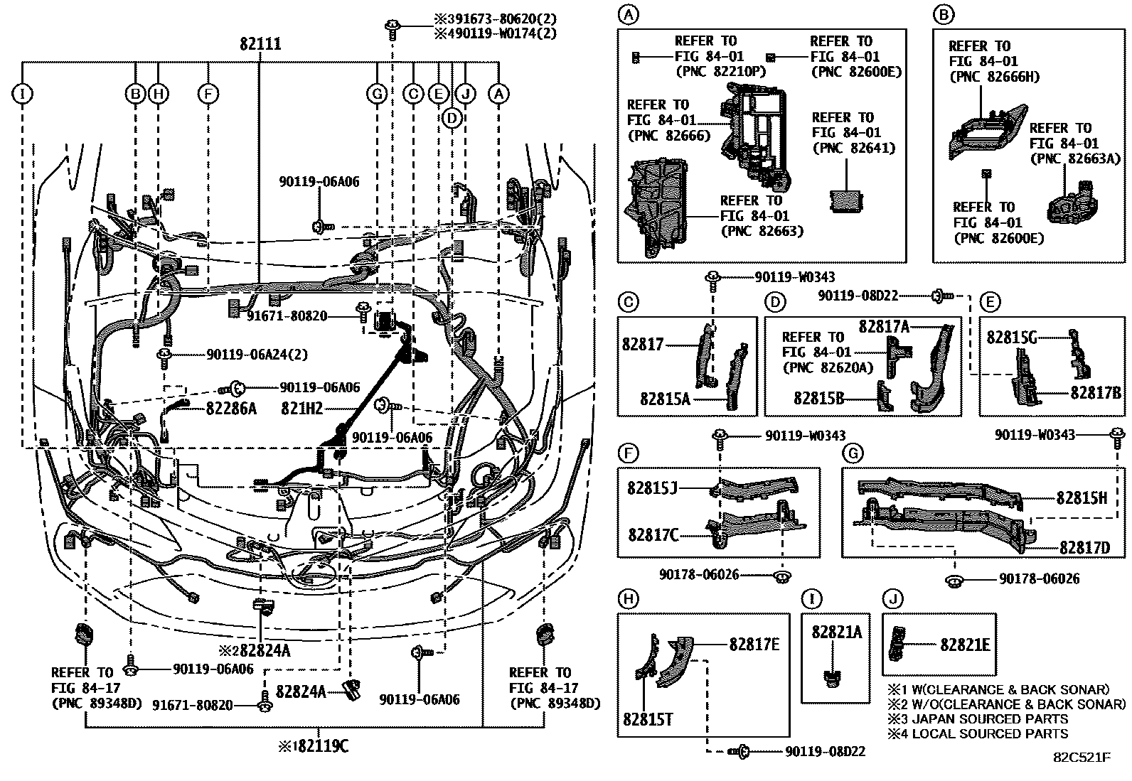 Toyota COROLLA 线束和卡夹 EPC diagram — 82C521F
