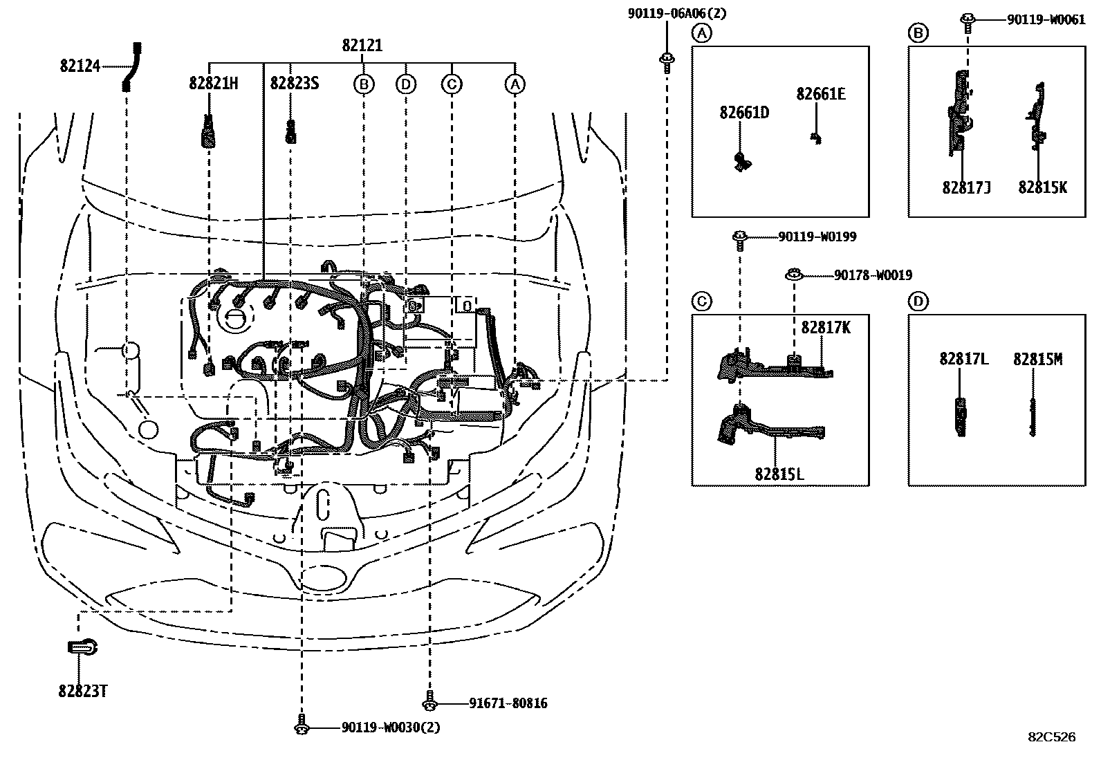 Toyota COROLLA 线束和卡夹 EPC diagram — 82C526