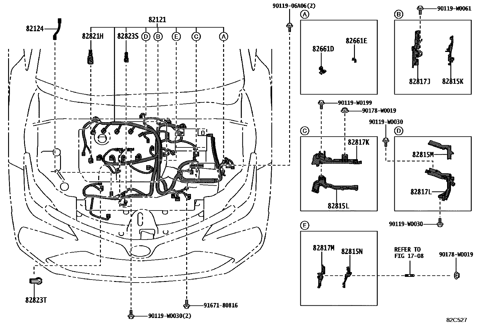Toyota COROLLA 线束和卡夹 EPC diagram — 82C527