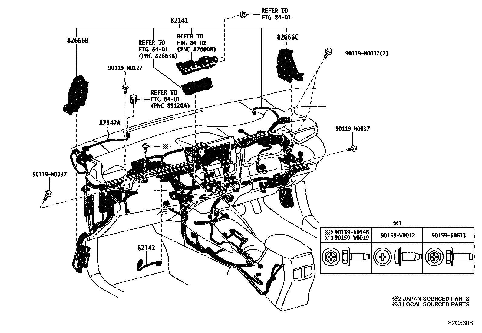 Toyota COROLLA 线束和卡夹 EPC diagram — 82C530B