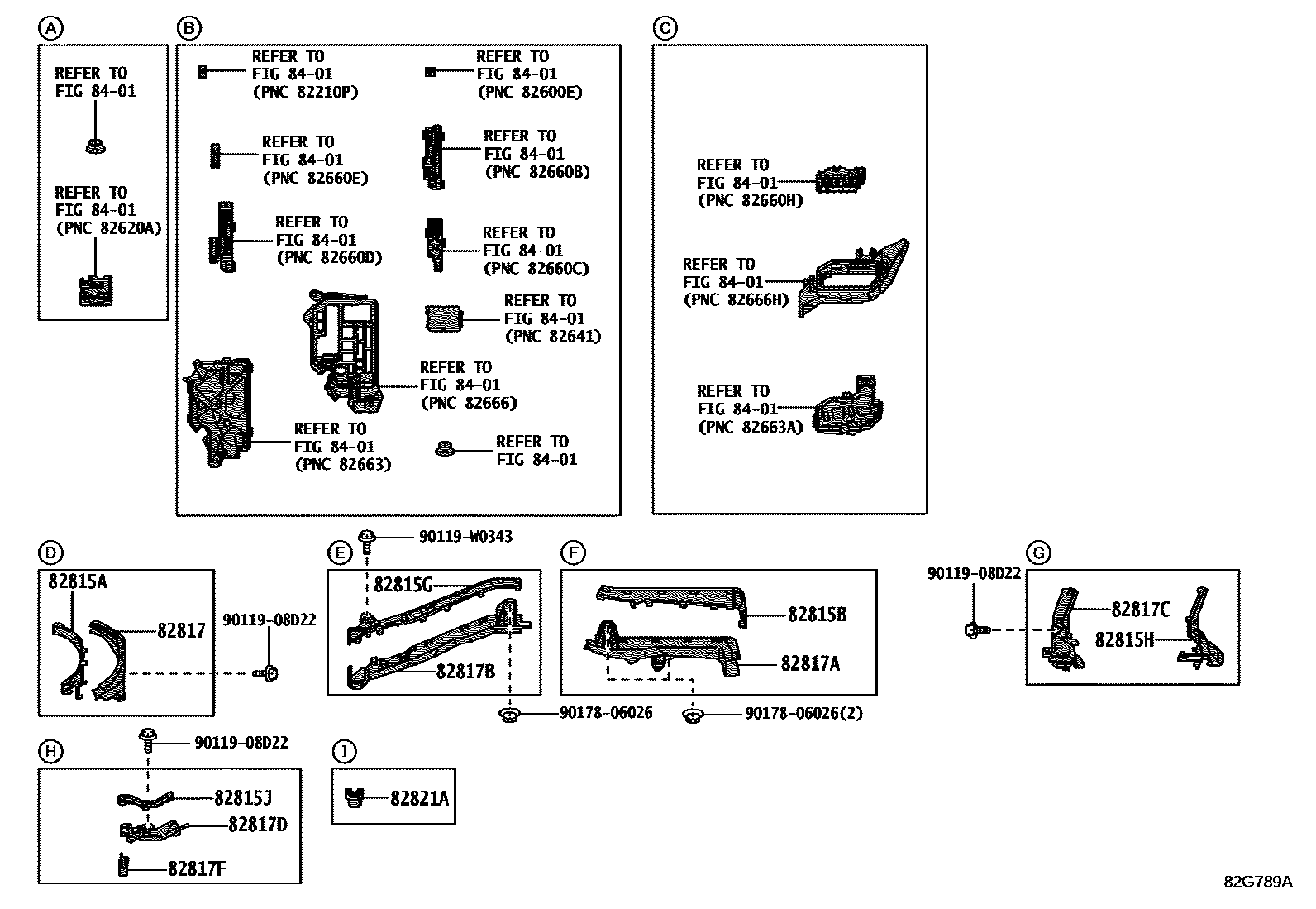 Toyota COROLLA 线束和卡夹 EPC diagram — 82G789A