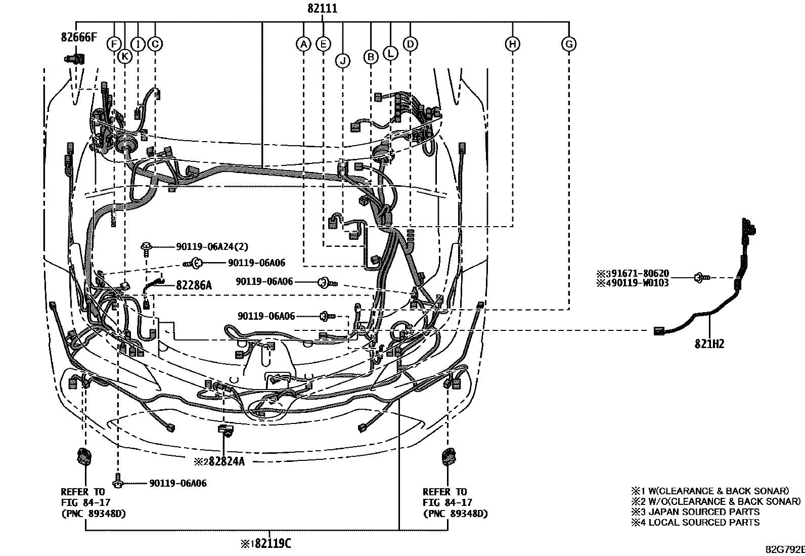 Toyota COROLLA 线束和卡夹 EPC diagram — 82G792B