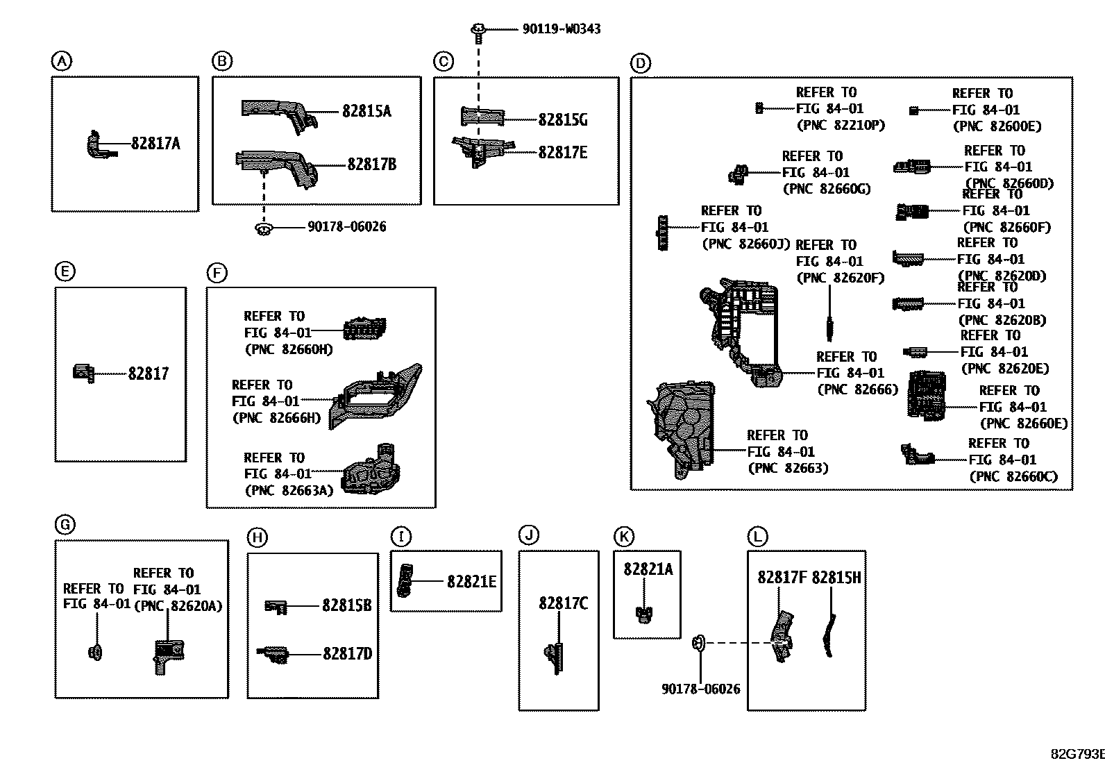 Toyota COROLLA 线束和卡夹 EPC diagram — 82G793B