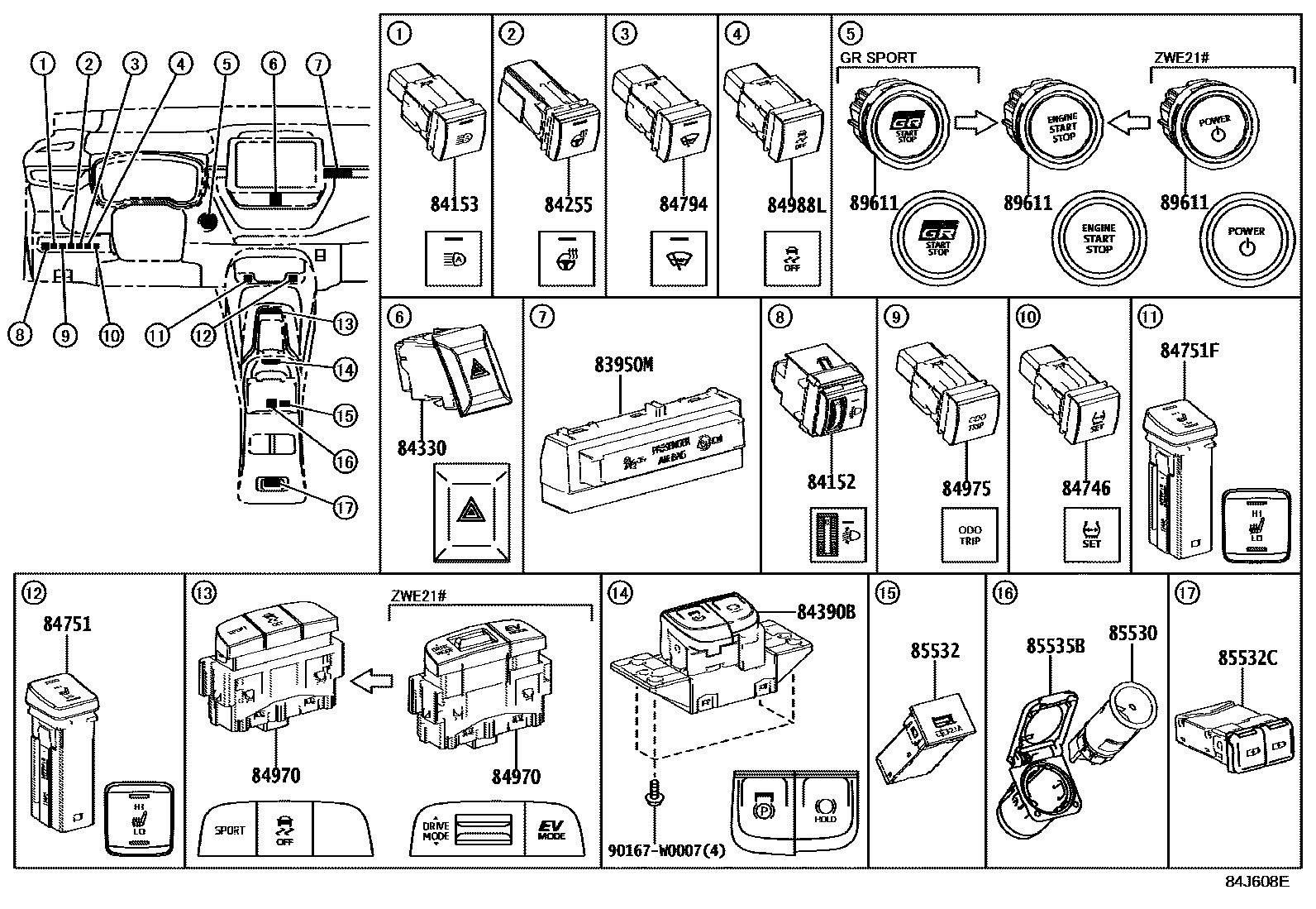 Toyota COROLLA 开关和继电器和ECU EPC diagram — 84J608E