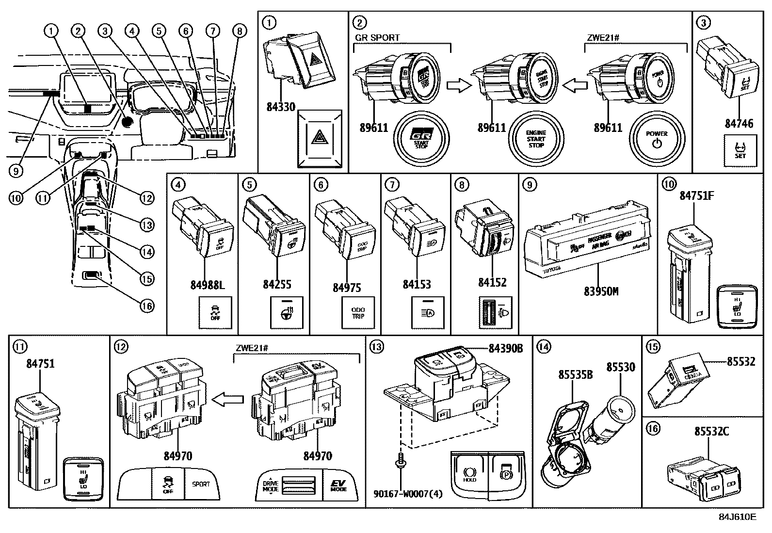 Toyota COROLLA 开关和继电器和ECU EPC diagram — 84J610E