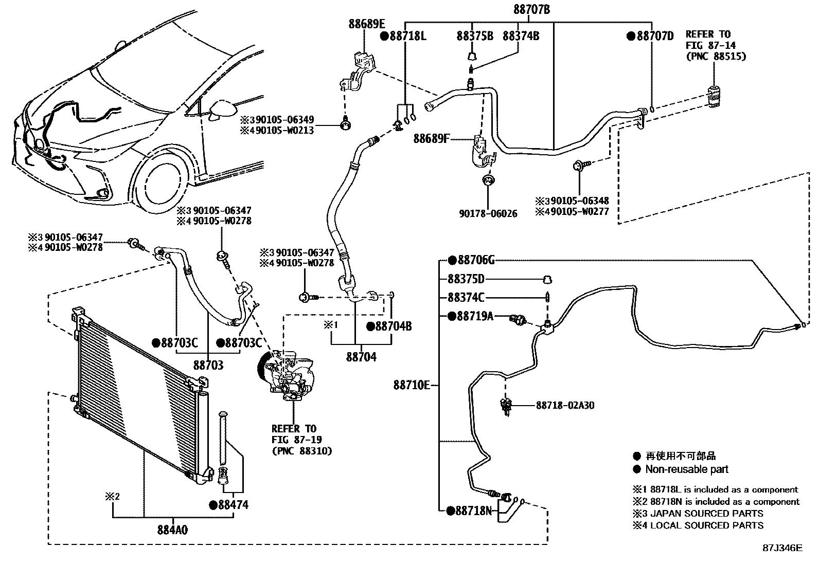 Toyota COROLLA Heating & Air Conditioning - Cooler Piping EPC diagram — 87J346E