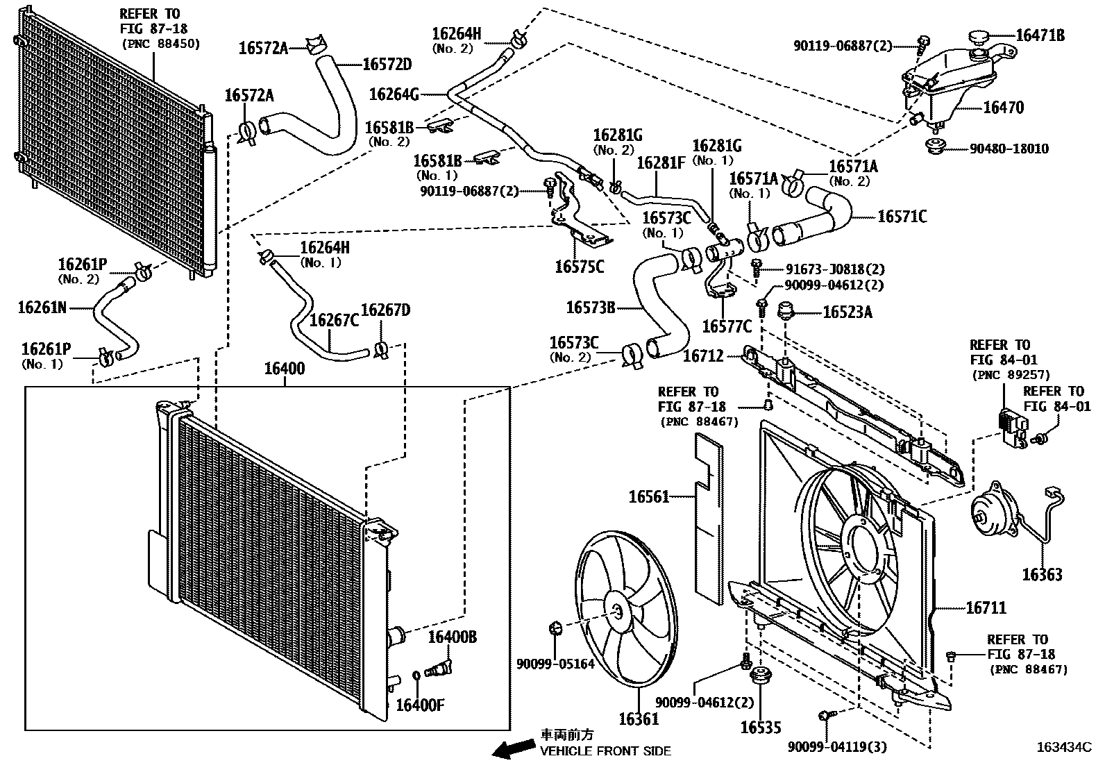 Toyota COROLLA RADIATOR & WATER OUTLET EPC diagram — 163434C