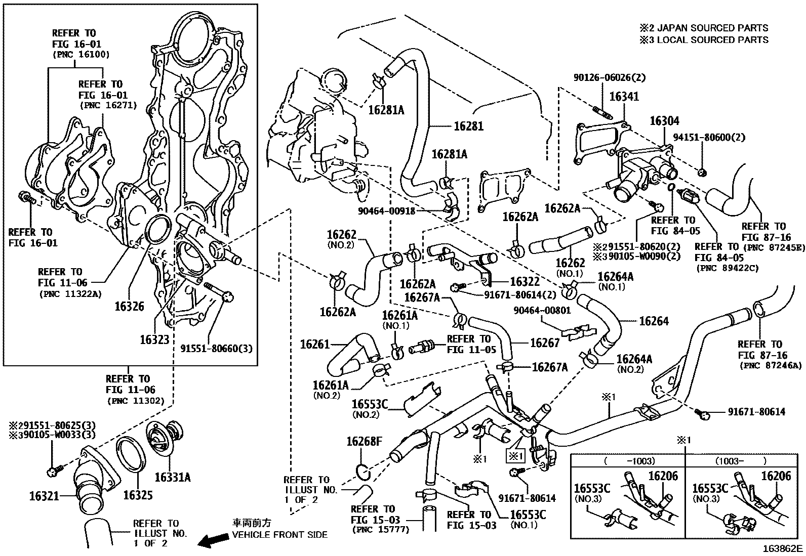 Toyota COROLLA RADIATOR & WATER OUTLET EPC diagram — 163862E