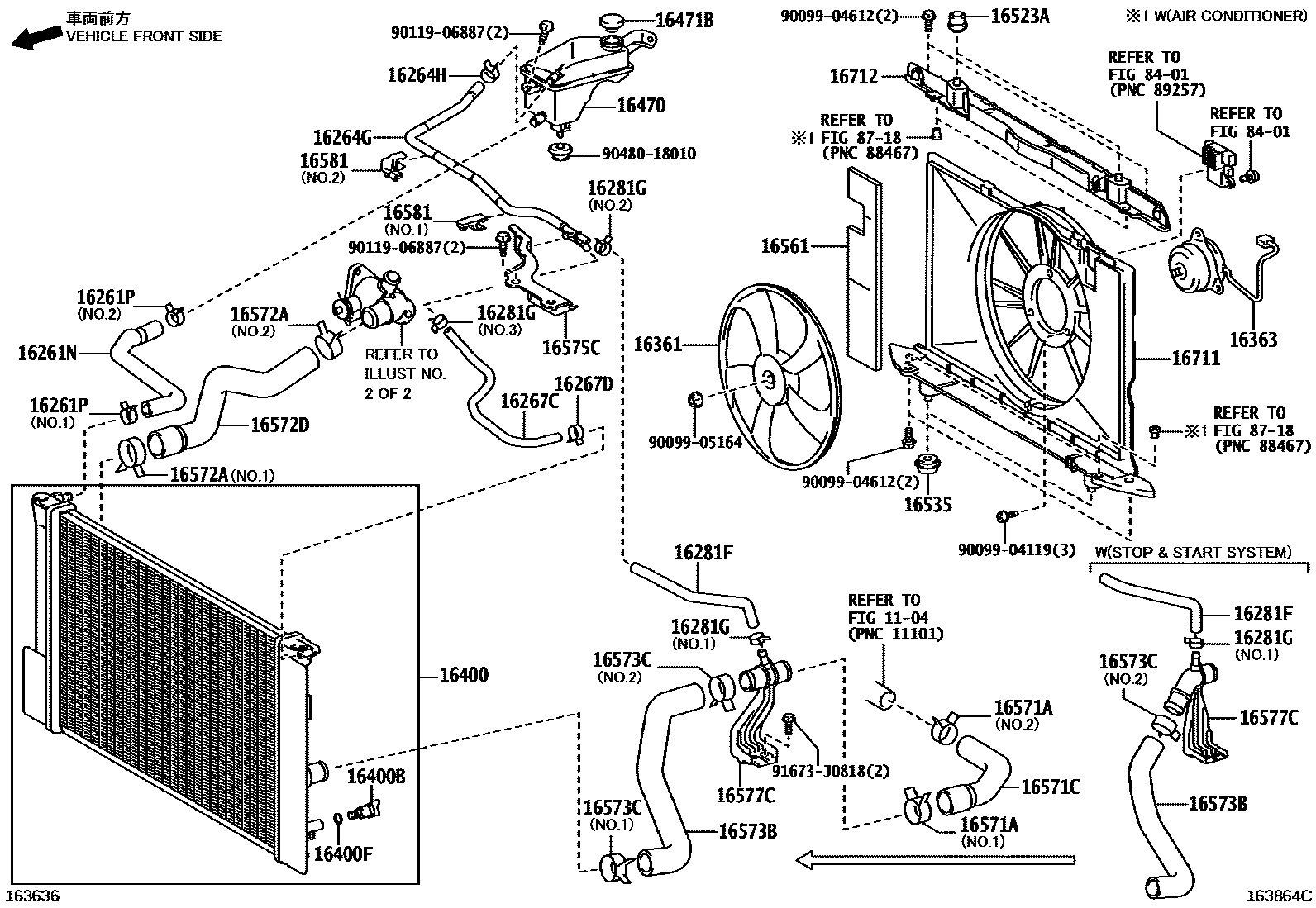 Toyota COROLLA RADIATOR & WATER OUTLET EPC diagram — 163864C