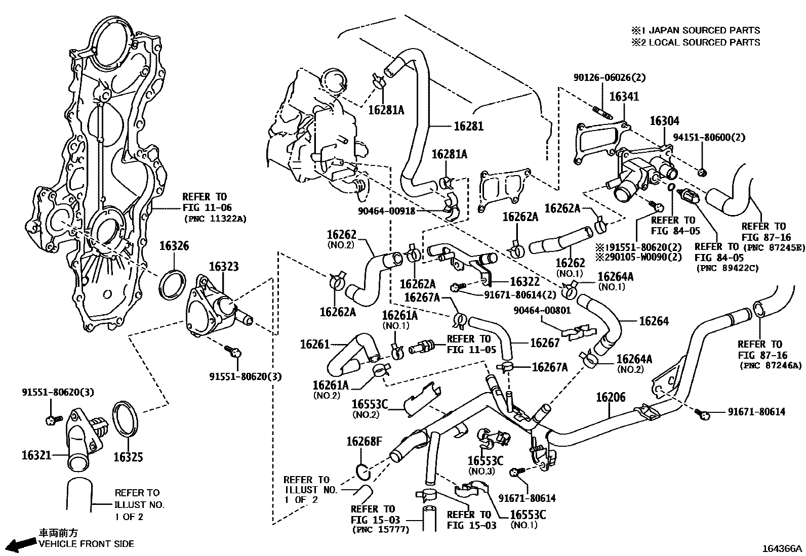Toyota COROLLA RADIATOR & WATER OUTLET EPC diagram — 164366A