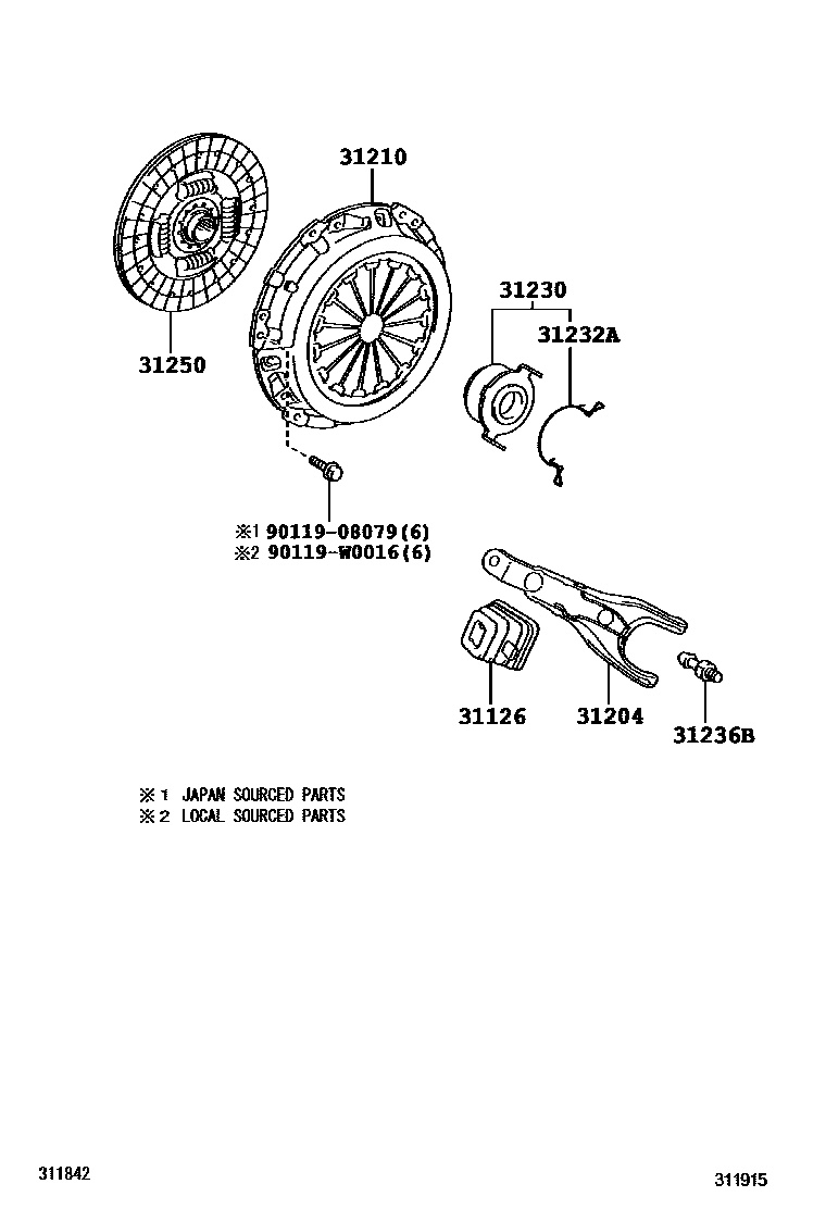 Toyota COROLLA 离合器和分离叉 EPC diagram — 311915