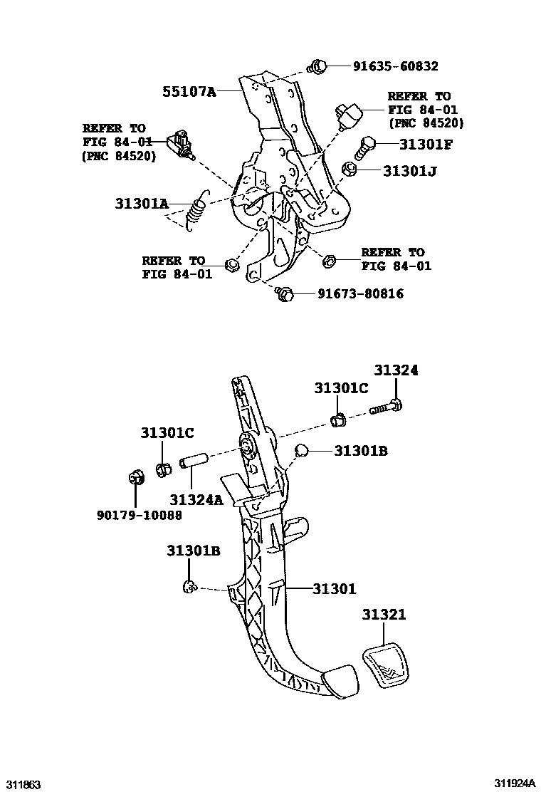 Toyota COROLLA 离合器踏板和挠性软管 EPC diagram — 311924A