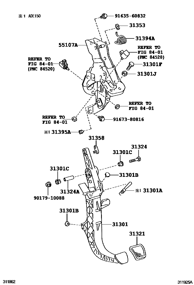 Toyota COROLLA 离合器踏板和挠性软管 EPC diagram — 311925A