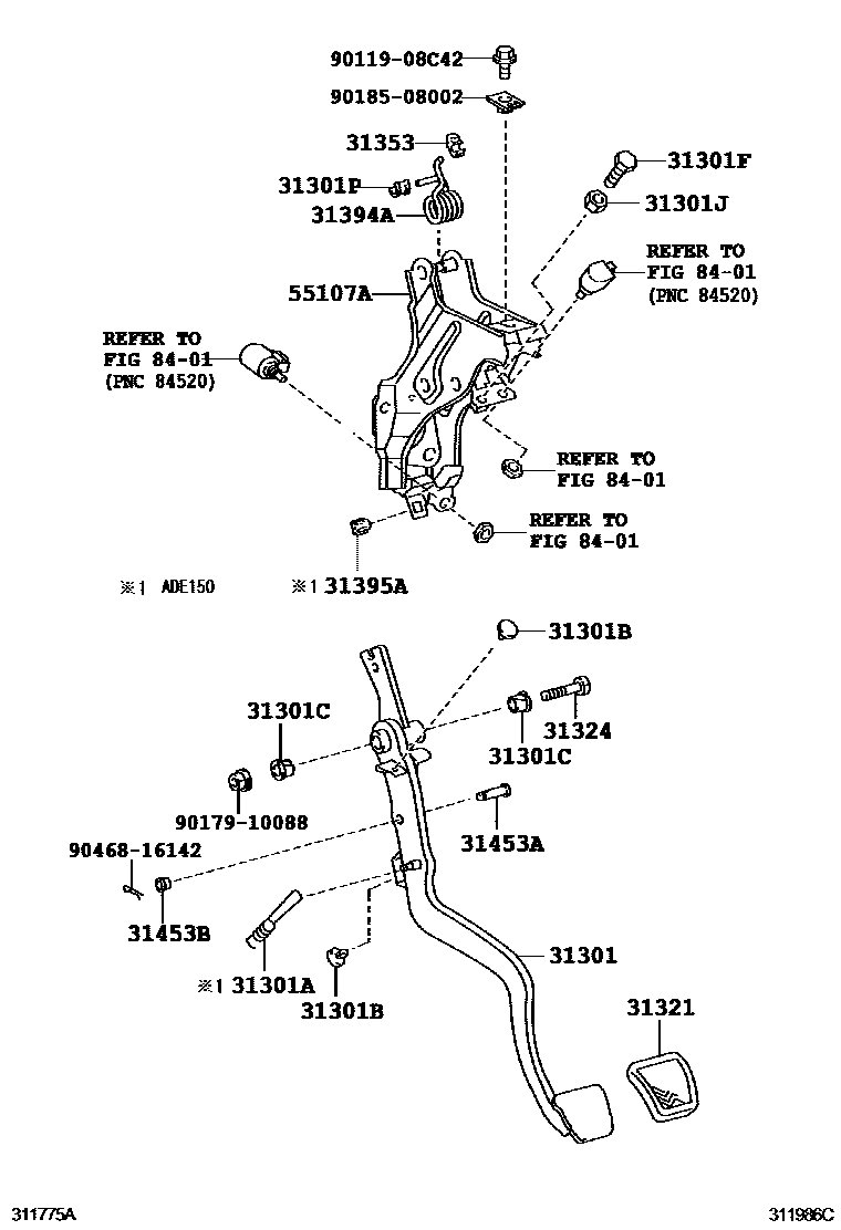Toyota COROLLA 离合器踏板和挠性软管 EPC diagram — 311986C