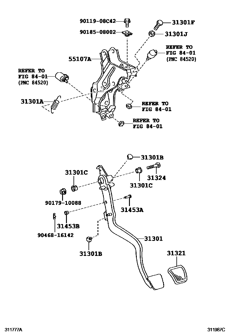 Toyota COROLLA 离合器踏板和挠性软管 EPC diagram — 311987C