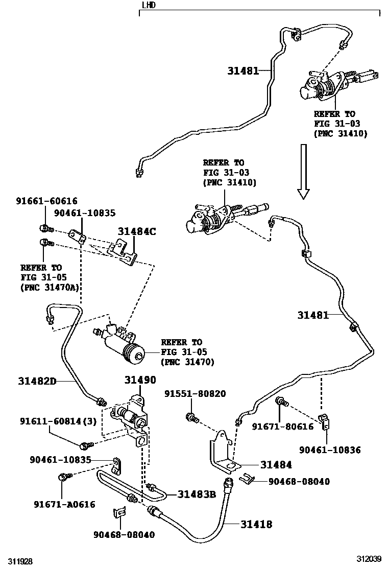 Toyota COROLLA 离合器踏板和挠性软管 EPC diagram — 312039