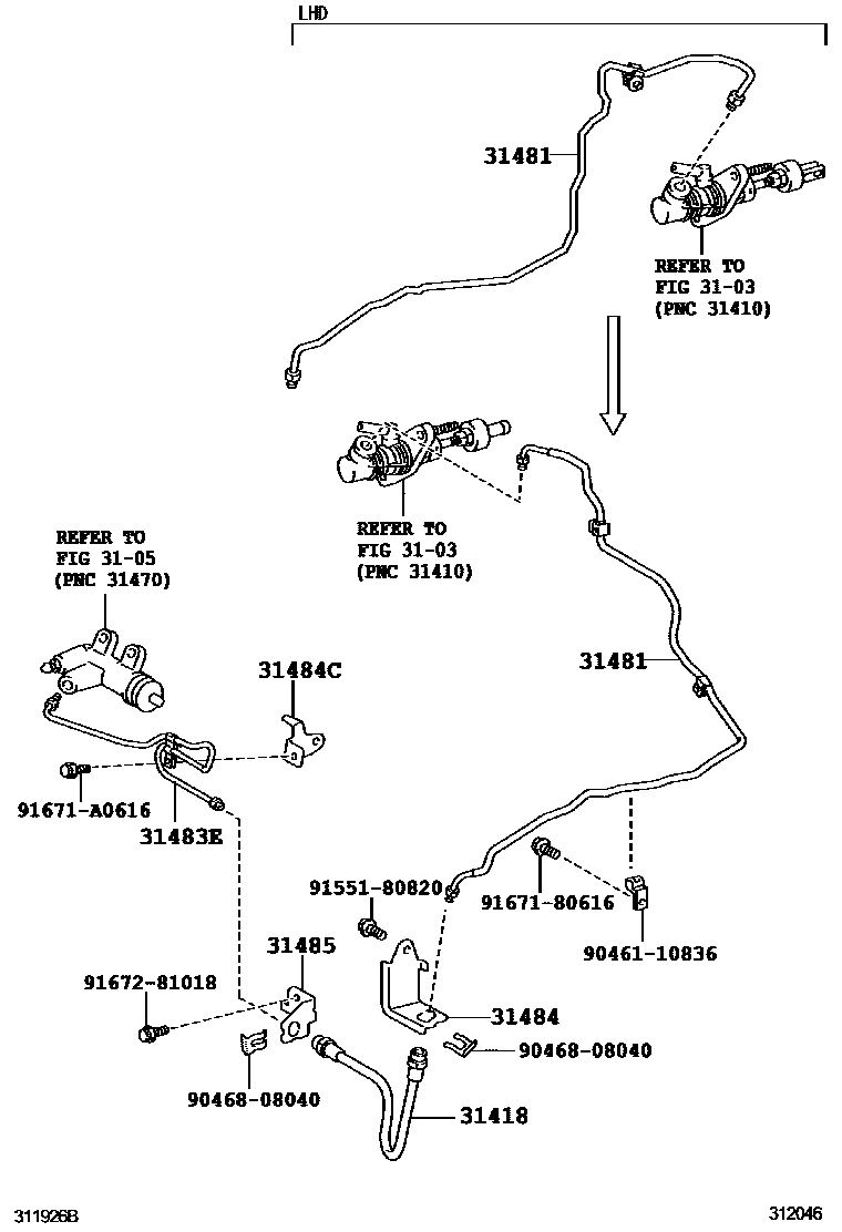 Toyota COROLLA 离合器踏板和挠性软管 EPC diagram — 312046
