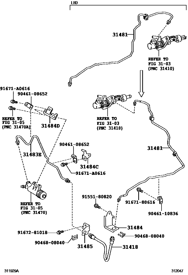 Toyota COROLLA 离合器踏板和挠性软管 EPC diagram — 312047