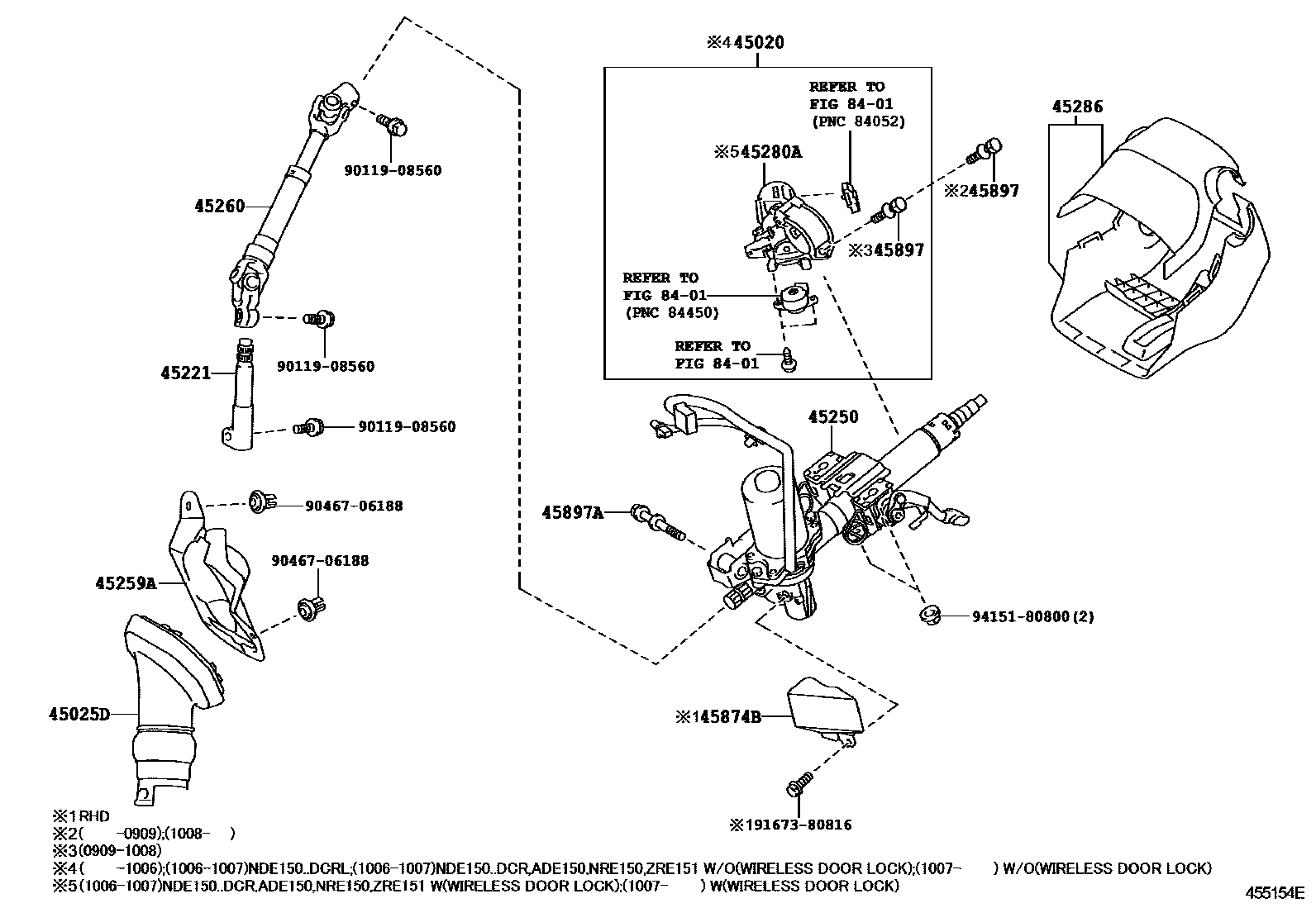 Toyota COROLLA Steering Column & Shaft EPC diagram — 455154E