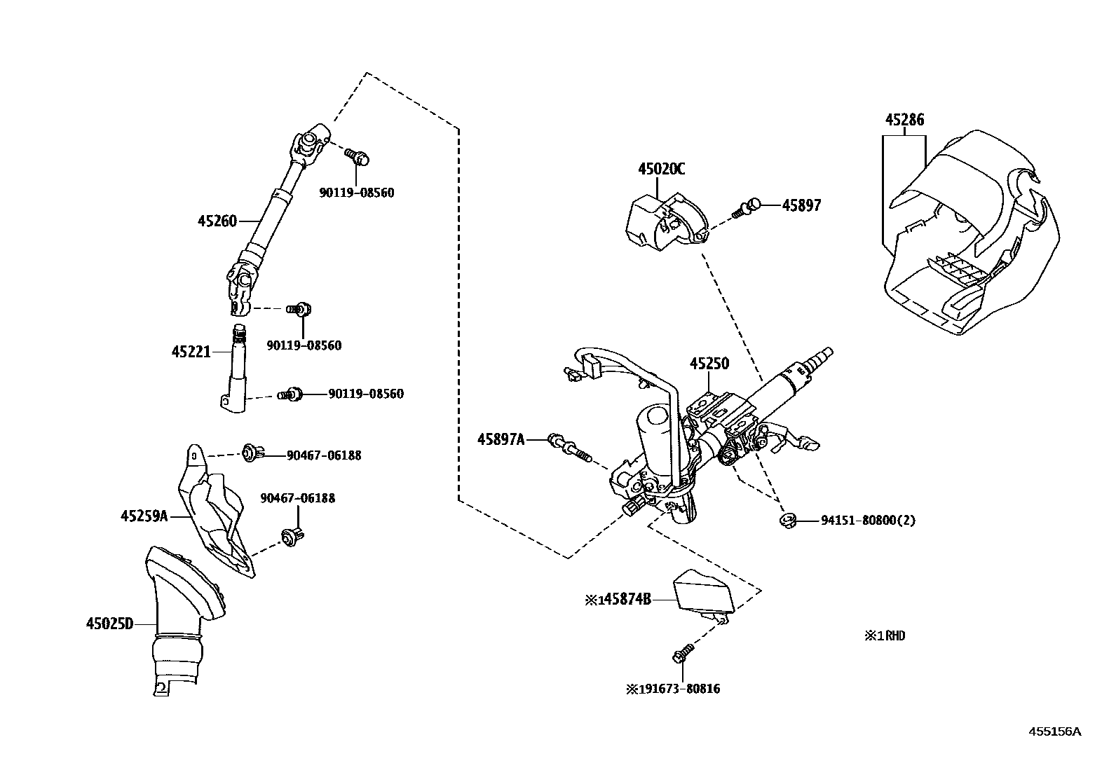 Toyota COROLLA Steering Column & Shaft EPC diagram — 455156A
