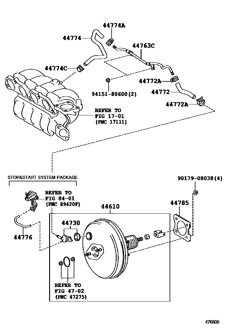 Toyota COROLLA 制动助力器和真空管 EPC diagram — 476806