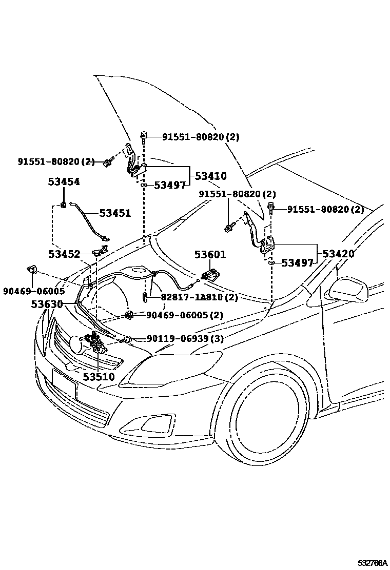 Toyota COROLLA 发动机盖锁和铰链 EPC diagram — 532766A