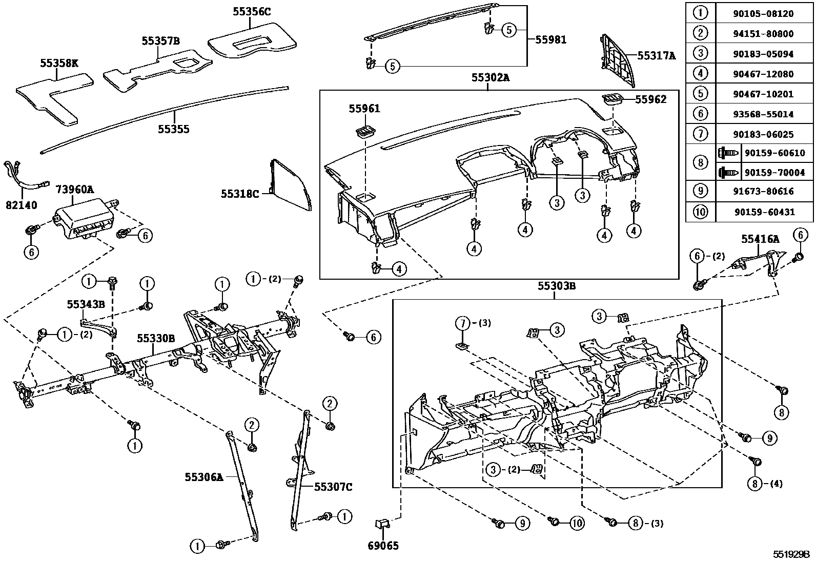 Toyota COROLLA 仪表板和手套箱 EPC diagram — 551929B