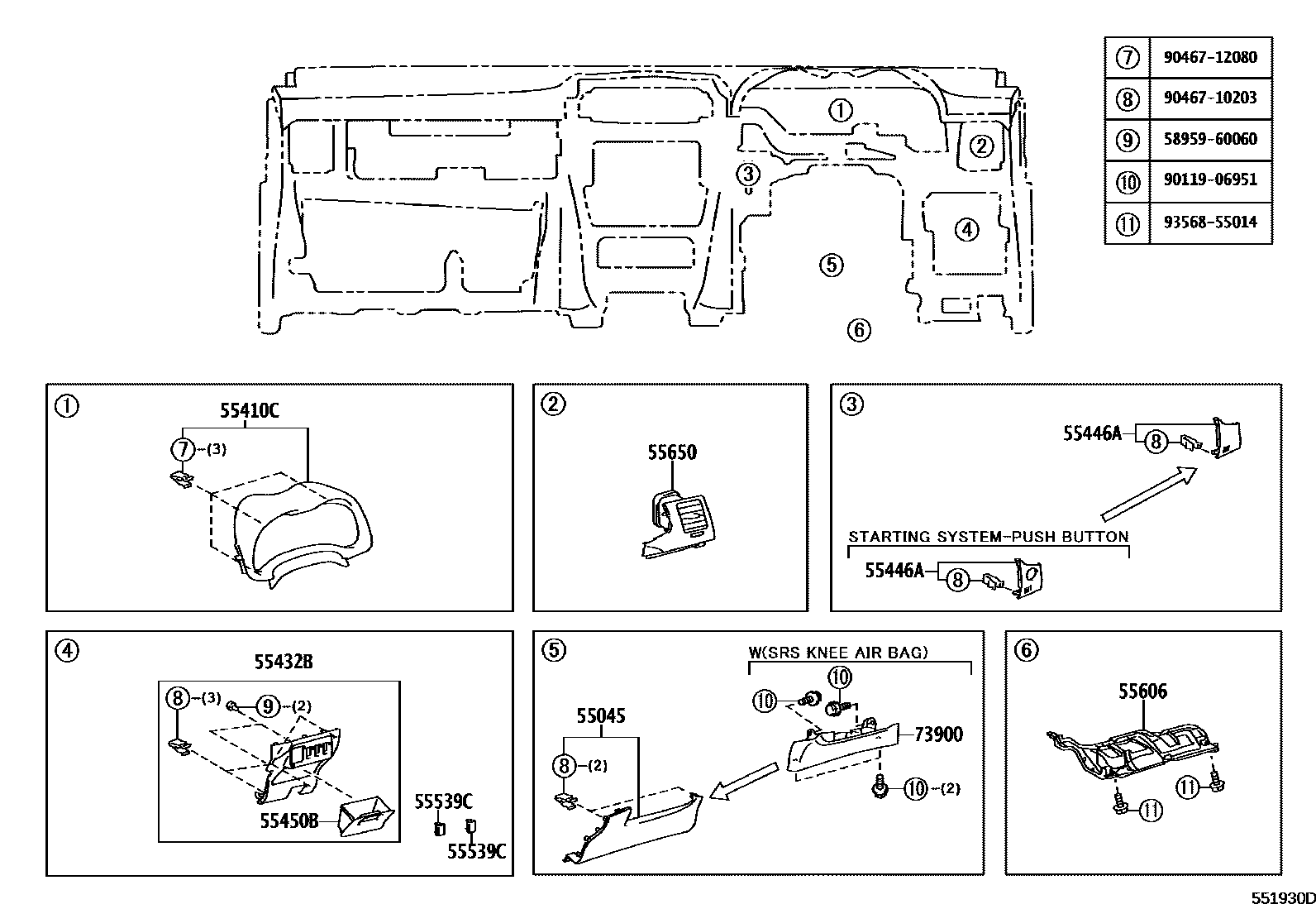 Toyota COROLLA 仪表板和手套箱 EPC diagram — 551930D
