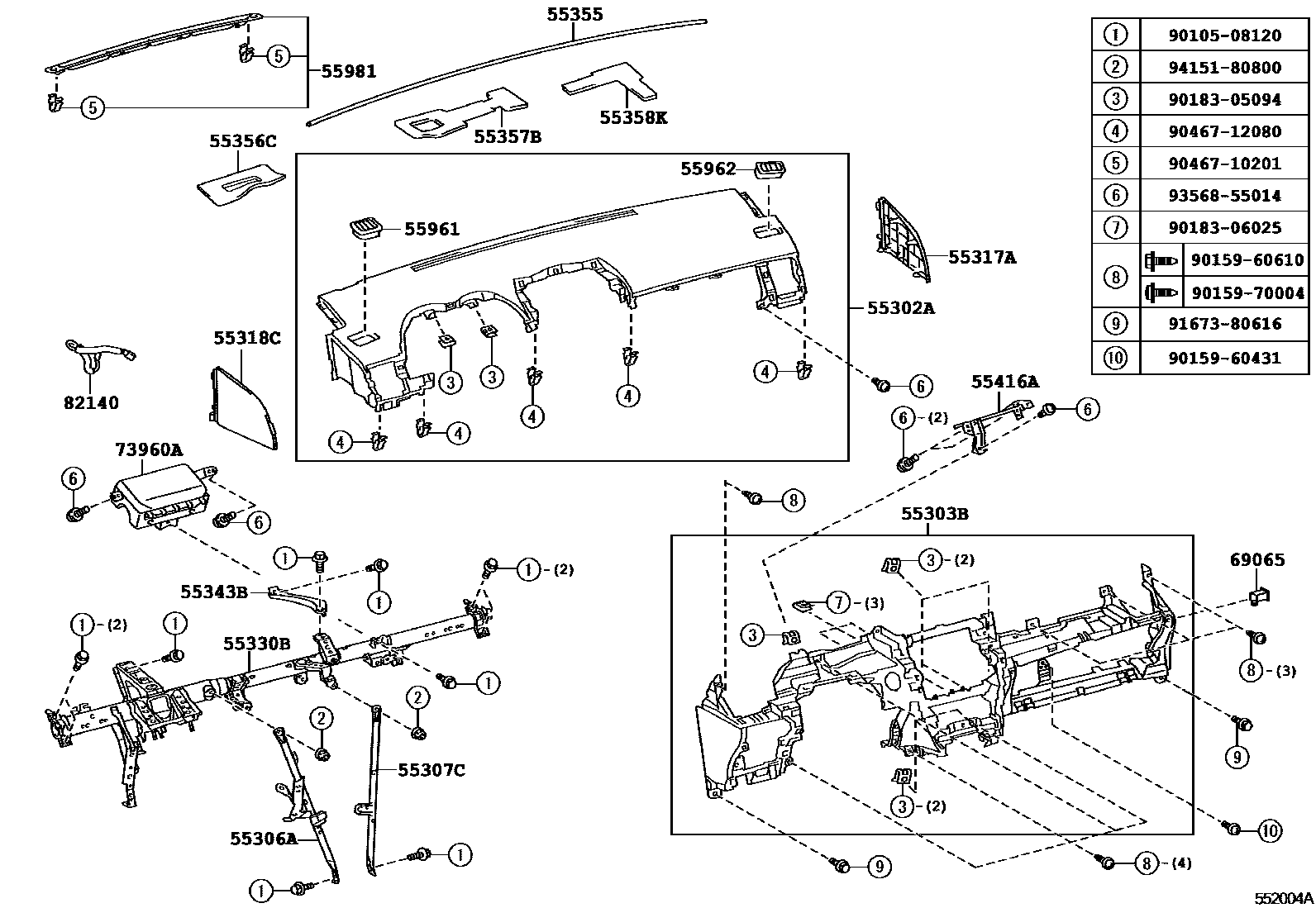 Toyota COROLLA 仪表板和手套箱 EPC diagram — 552004A