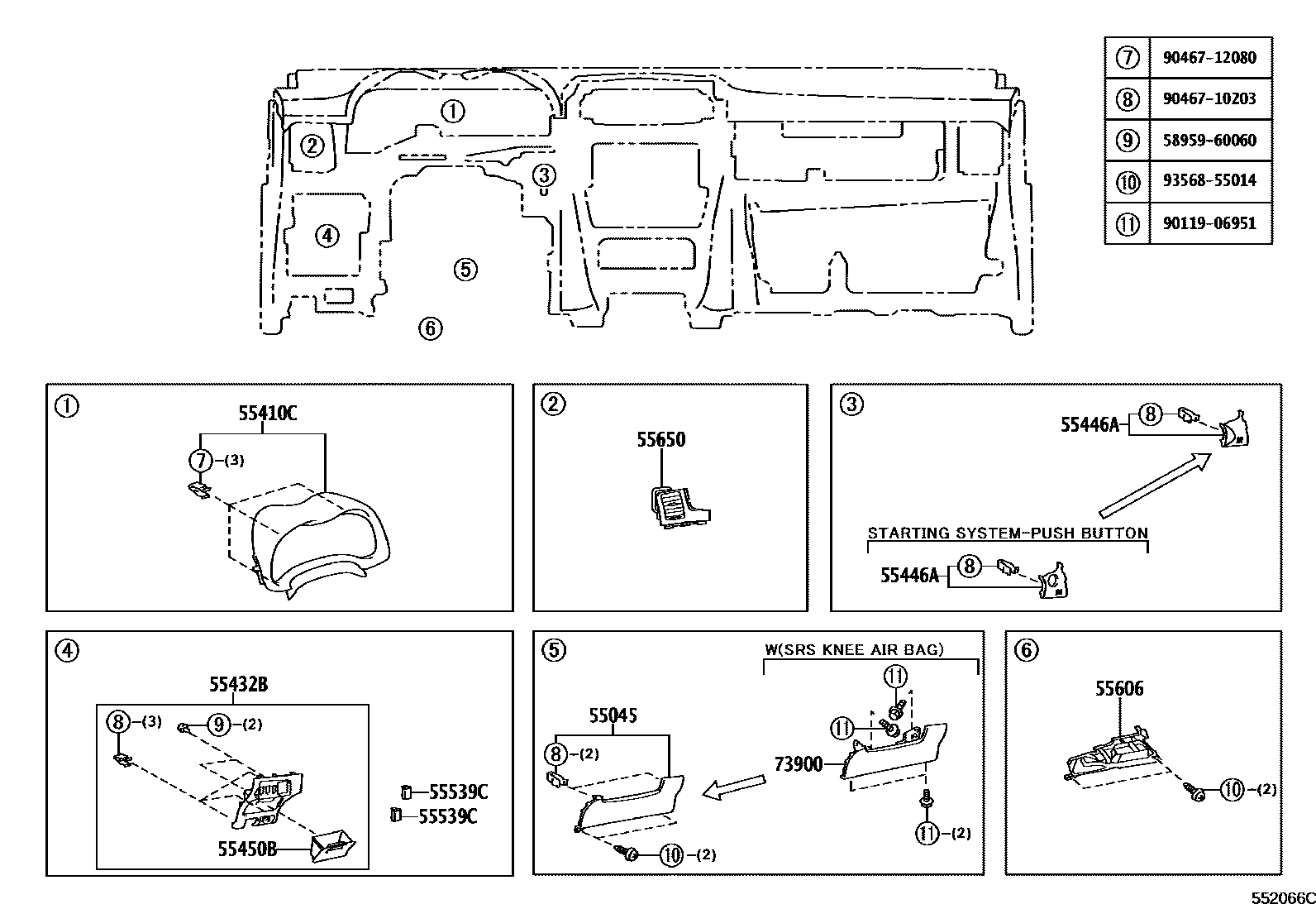 Toyota COROLLA 仪表板和手套箱 EPC diagram — 552066C